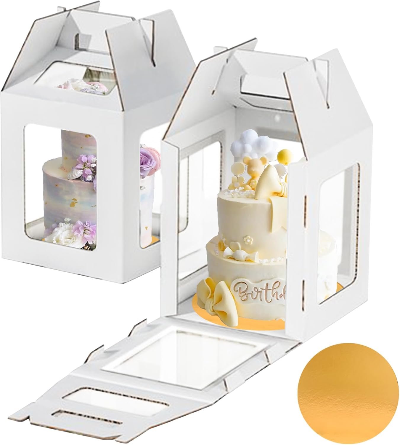 Großhandel 2 Packs hohe Kuchenboxen mit Kuchenbrett 10x10x12 Zoll große mehrstöckige Kuchenbehälter mit Klarsichtfenstern und Griff, individuelles Logo für Geburtstag, Hochzeit, Party und Festival, OEM Hersteller.
