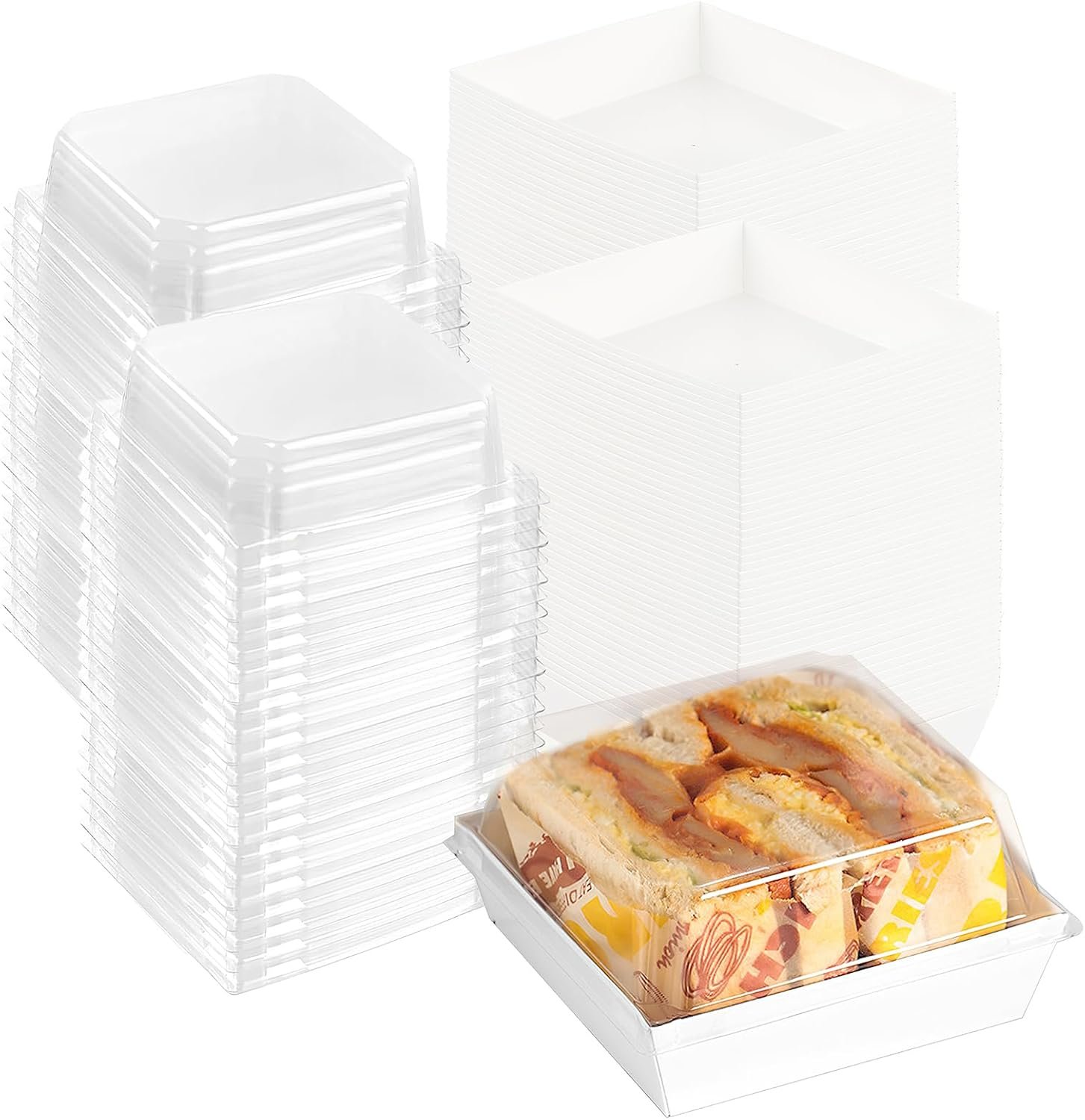 Großhandel 100 Stück Charcuterie Boxen, 5,5"×4,9"×2,4" disposable quadratische Lebensmittelcontainer, individuelles Logo, Papier-Bäckerei-Boxen mit Klarsichtdeckel für Sandwiches, Kekse, Sushi, Tortenstücke, Erdbeeren, OEM
