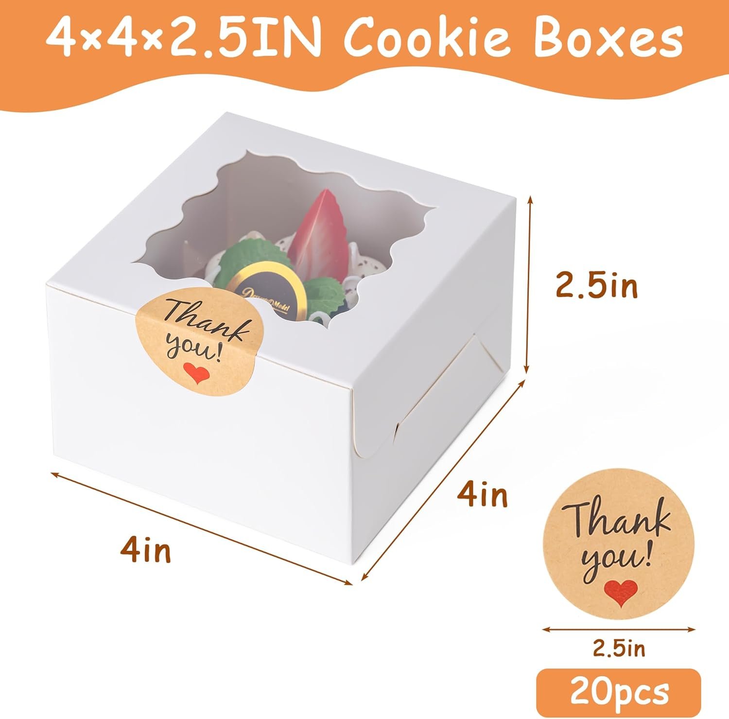 Großhandel 20 Stück Cookie Boxen mit Fenster, 4x4x2,5 Zoll Backwarenboxen mit 25 Stück Aufkleber für Cookies, Desserts, Süßigkeiten, Schokoladenüberzogene Erdbeeren, Mini-Torten - Individuelles Logo, OEM vom Hersteller. Großhandel 20 Stück Cookie Boxen mit Fenster, 4x4x2,5 Zoll Backwarenboxen mit 25 Stück Aufkleber für Cookies, Desserts, Süßigkeiten, Schokoladenüberzogene Erdbeeren, Mini-Torten - Individuelles Logo, OEM vom Hersteller.
