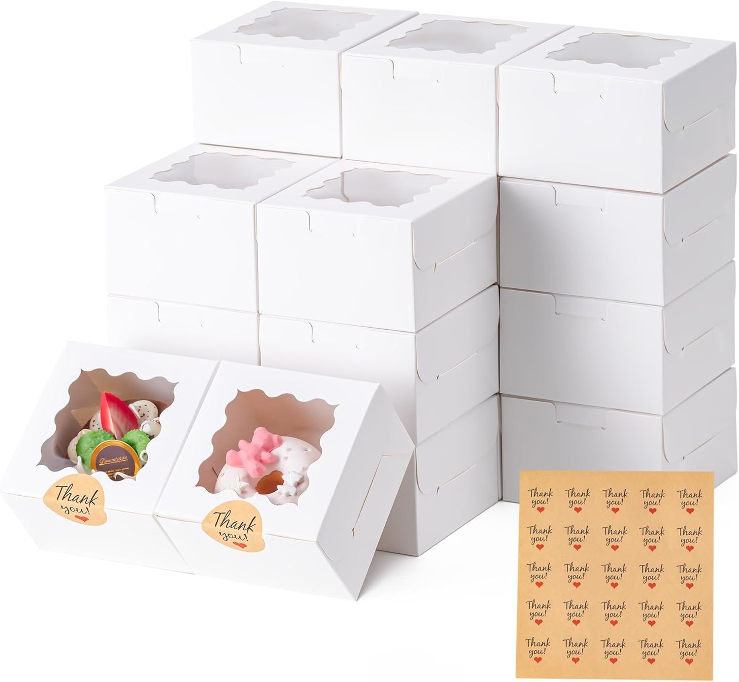 Großhandel 20 Stück Cookie Boxen mit Fenster, 4x4x2,5 Zoll Backwarenboxen mit 25 Stück Aufkleber für Cookies, Desserts, Süßigkeiten, Schokoladenüberzogene Erdbeeren, Mini-Torten - Individuelles Logo, OEM vom Hersteller.
