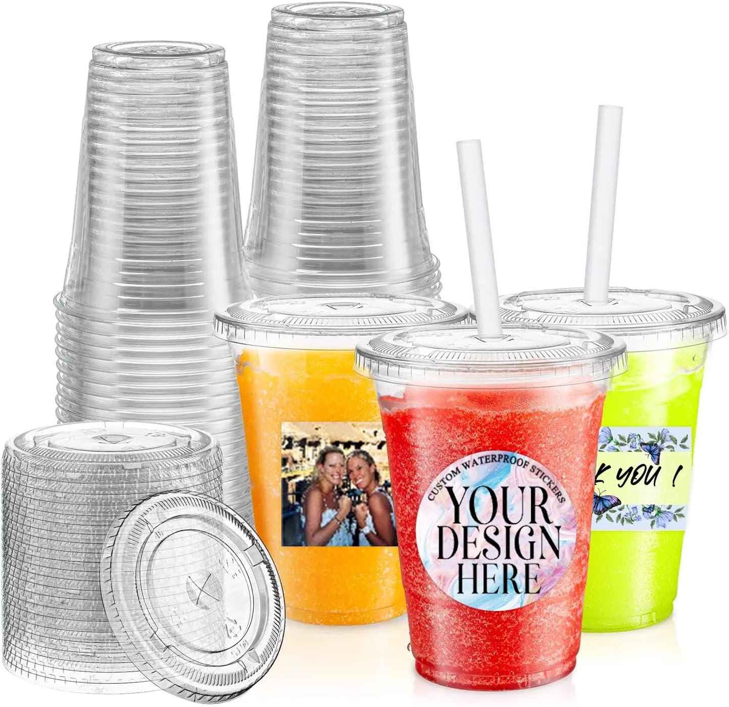 Großhandel individuelle transparente Plastikbecher 12/16/20oz mit Deckeln und Strohhalmen, personalisierte Aufkleber für Getränke, geeignet für Hochzeiten, Partys und geschäftliche Anlässe (16oz (500ml)), OEM Hersteller