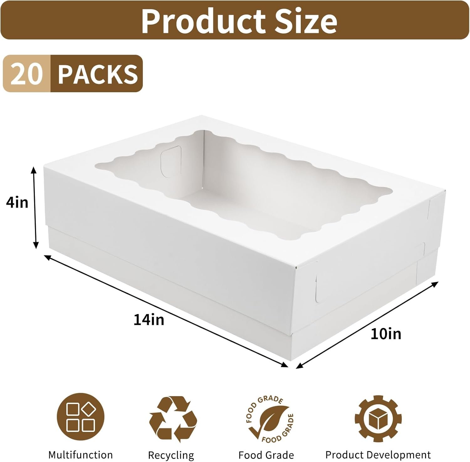 Großhandel 20 Stück 14x10x4 Zoll Bäcker-Boxen, weiße Viertel-Bäckerei-Boxen mit Fenster für Kuchen, Gebäck, Donuts, Cupcakes und Tortenverpackungen, individuell bedruckbar, vom Hersteller in Großmenge erhältlich.