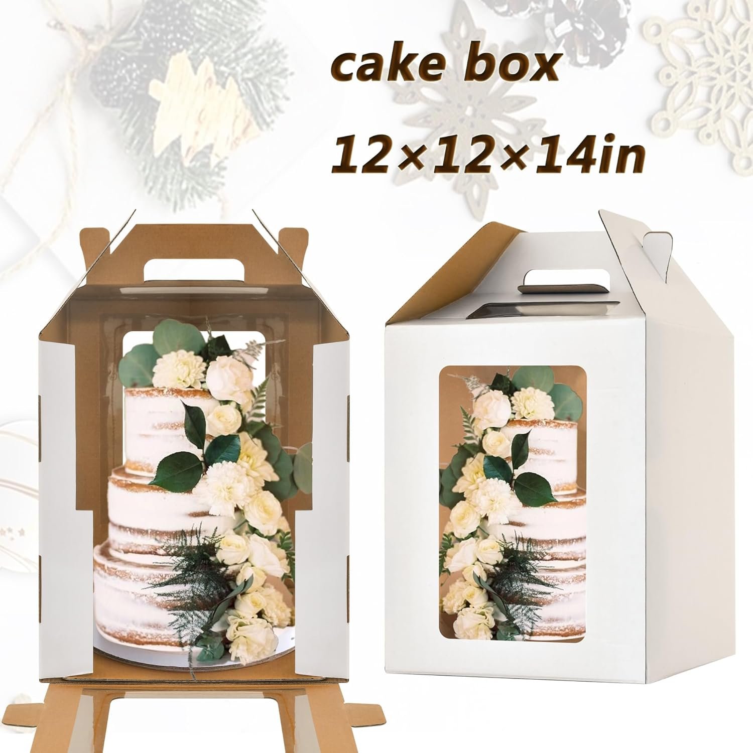 Großhandel 12x12x14 Zoll große Tortenschachteln mit Fenstern, langlebige weiße Bäckerei-Box, eigene Marke, 10 und 12 Zoll hohe Tortenträger, 2 Stück im Set für mehrstufige Torten.