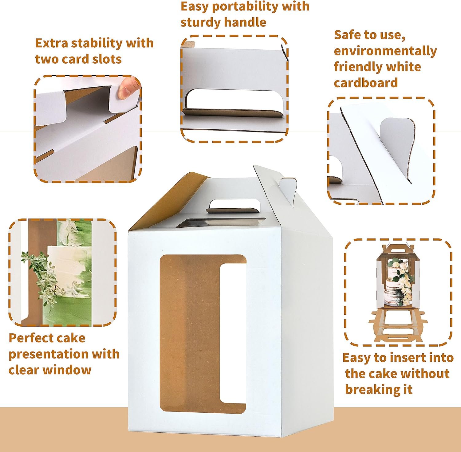 Großhandel 12x12x14 Zoll große Tortenschachteln mit Fenstern, langlebige weiße Bäckerei-Box, eigene Marke, 10 und 12 Zoll hohe Tortenträger, 2 Stück im Set für mehrstufige Torten.