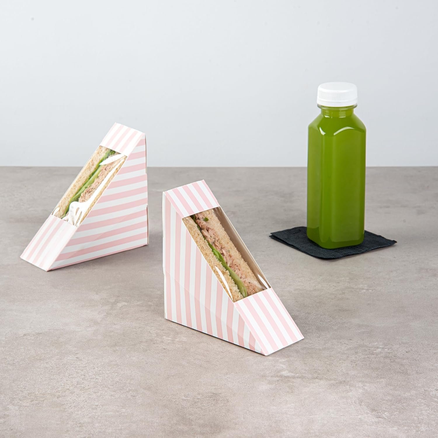 Großhandel 200 kleine Sandwich-Papierboxen, 4,8 x 2 Zoll, mit Fenster, rosa und weiße, gestreifte, fettdichte Sandwich-Behälter - individuelles Logo, OEM.