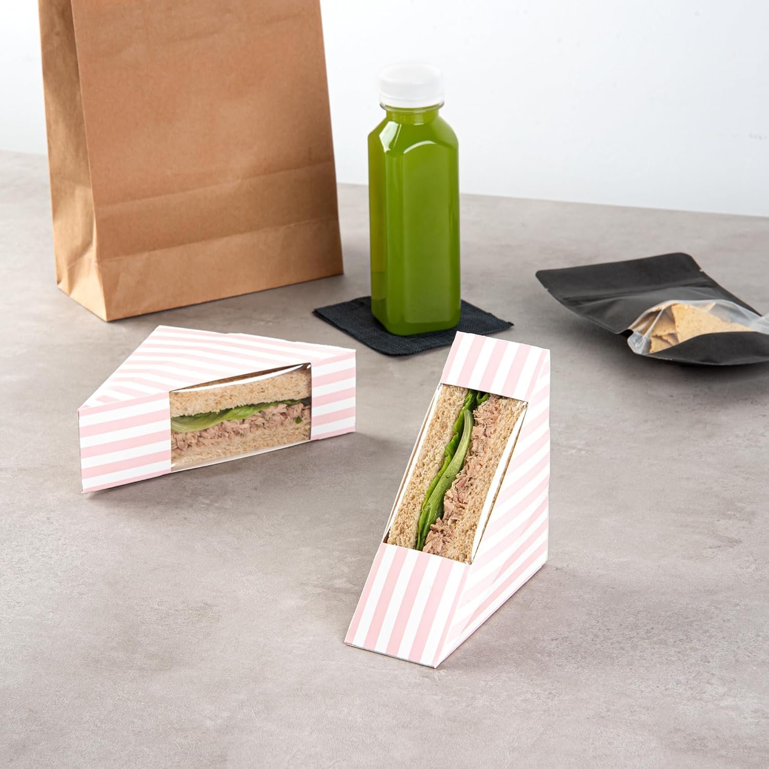 Großhandel 200 kleine Sandwich-Papierboxen, 4,8 x 2 Zoll, mit Fenster, rosa und weiße, gestreifte, fettdichte Sandwich-Behälter - individuelles Logo, OEM.