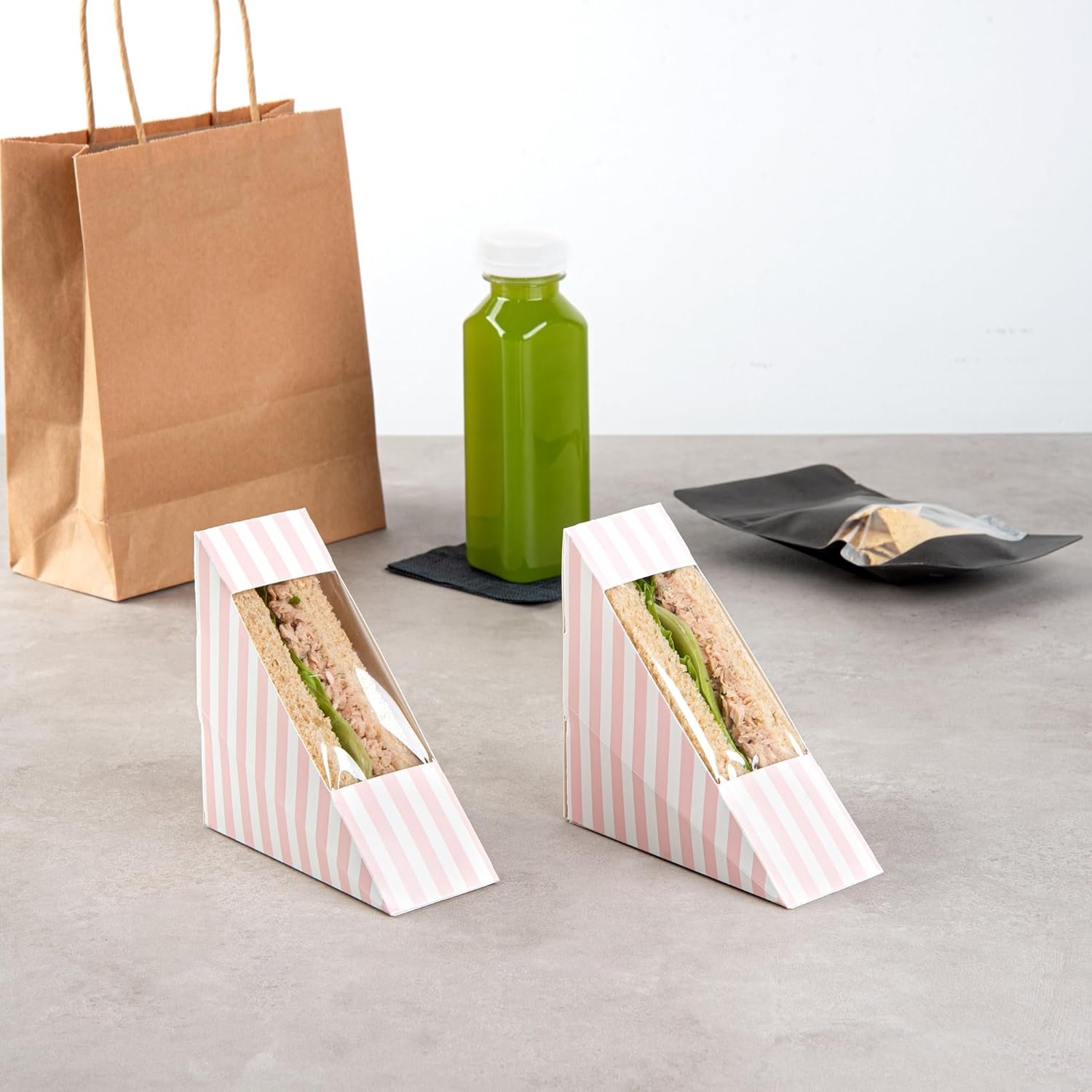 Großhandel 200 kleine Sandwich-Papierboxen, 4,8 x 2 Zoll, mit Fenster, rosa und weiße, gestreifte, fettdichte Sandwich-Behälter - individuelles Logo, OEM.