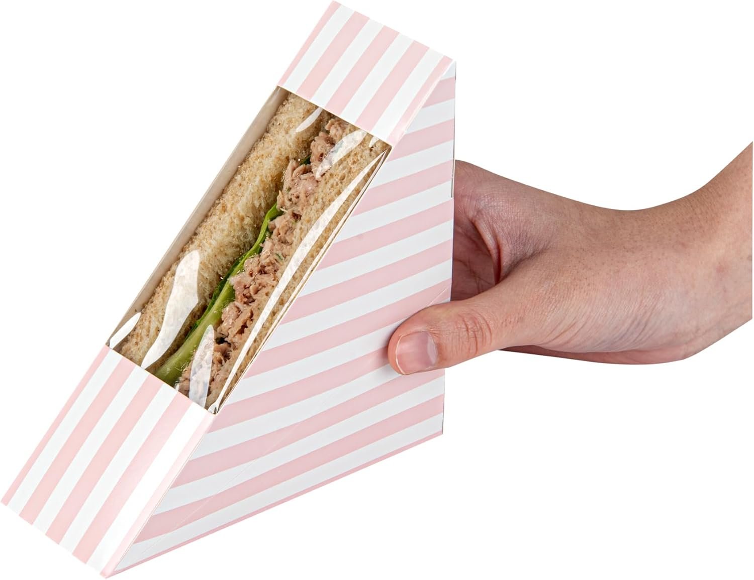Großhandel 200 kleine Sandwich-Papierboxen, 4,8 x 2 Zoll, mit Fenster, rosa und weiße, gestreifte, fettdichte Sandwich-Behälter - individuelles Logo, OEM.