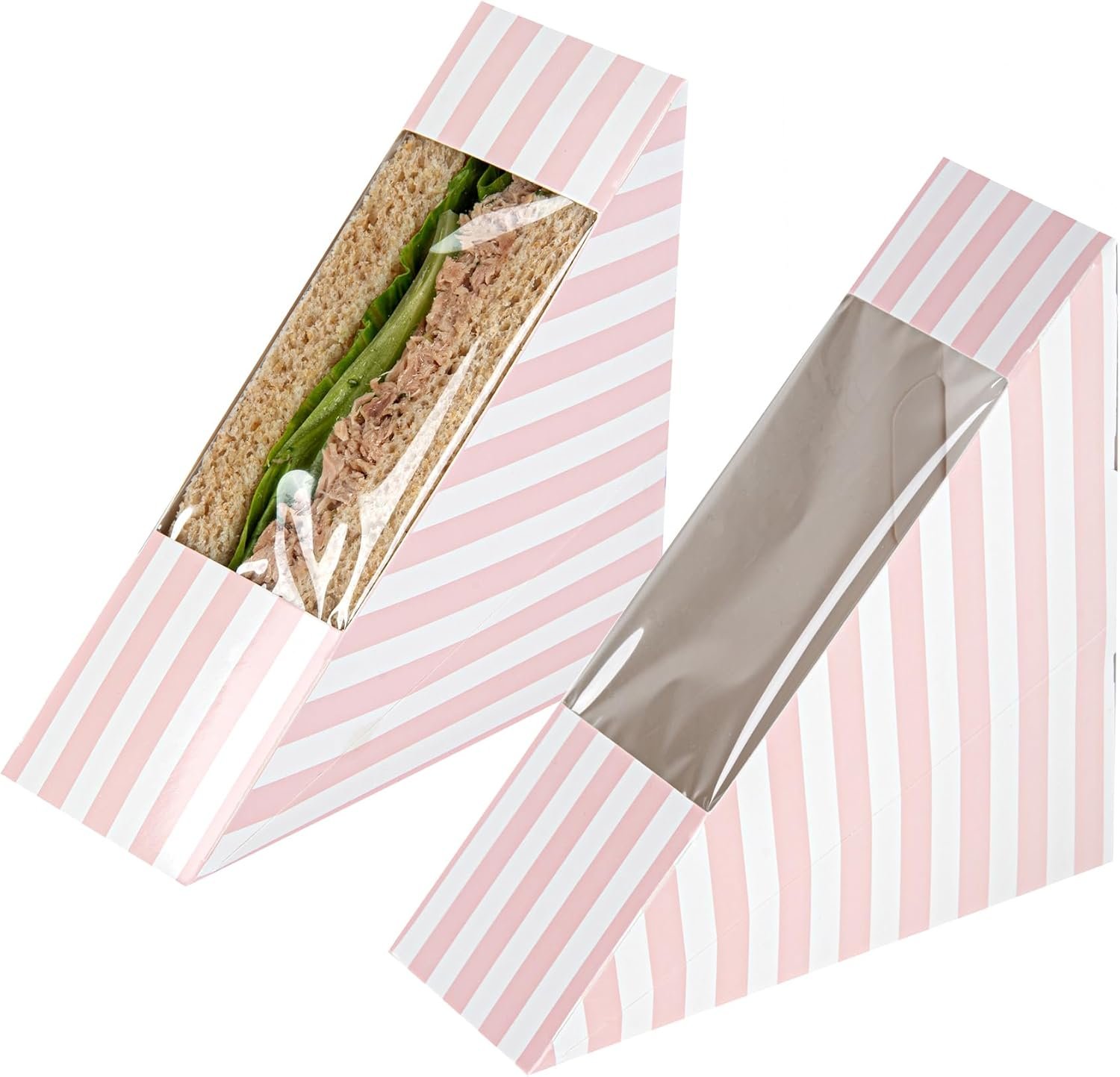 Großhandel 200 kleine Sandwich-Papierboxen, 4,8 x 2 Zoll, mit Fenster, rosa und weiße, gestreifte, fettdichte Sandwich-Behälter - individuelles Logo, OEM.