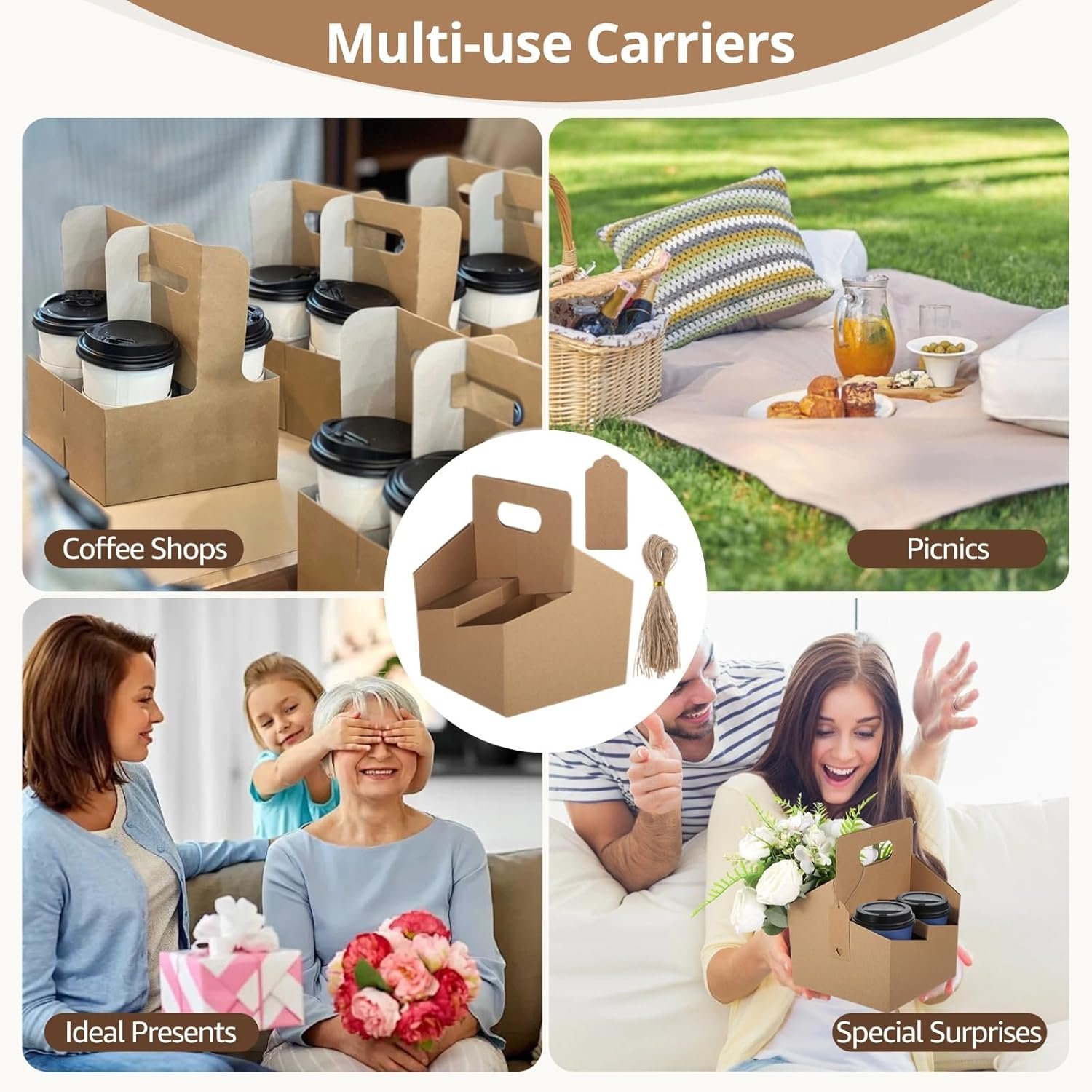 Großhandel 50 Sets 4 Becher Getränketräger mit Griff, Karton Einweg Becherhalter, OEM Kaffeebecherhalter mit Karten und Seilen, Bulk Takeout Getränketräger für kalte und heiße Getränke Großhandel 50 Sets 4 Becher Getränketräger mit Griff, Karton Einweg Becherhalter, OEM Kaffeebecherhalter mit Karten und Seilen, Bulk Takeout Getränketräger für kalte und heiße Getränke