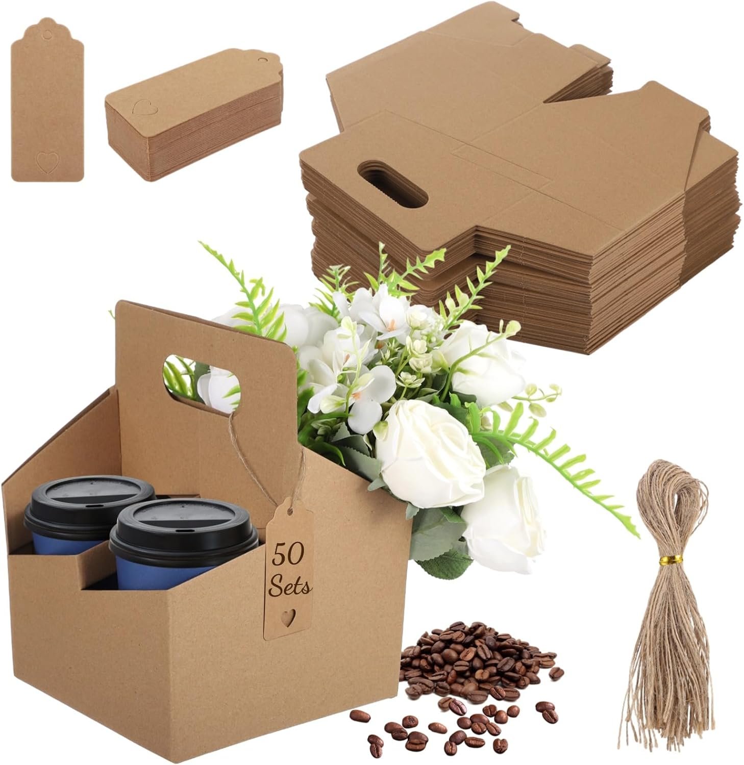 Großhandel 50 Sets 4 Becher Getränketräger mit Griff, Karton Einweg Becherhalter, OEM Kaffeebecherhalter mit Karten und Seilen, Bulk Takeout Getränketräger für kalte und heiße Getränke