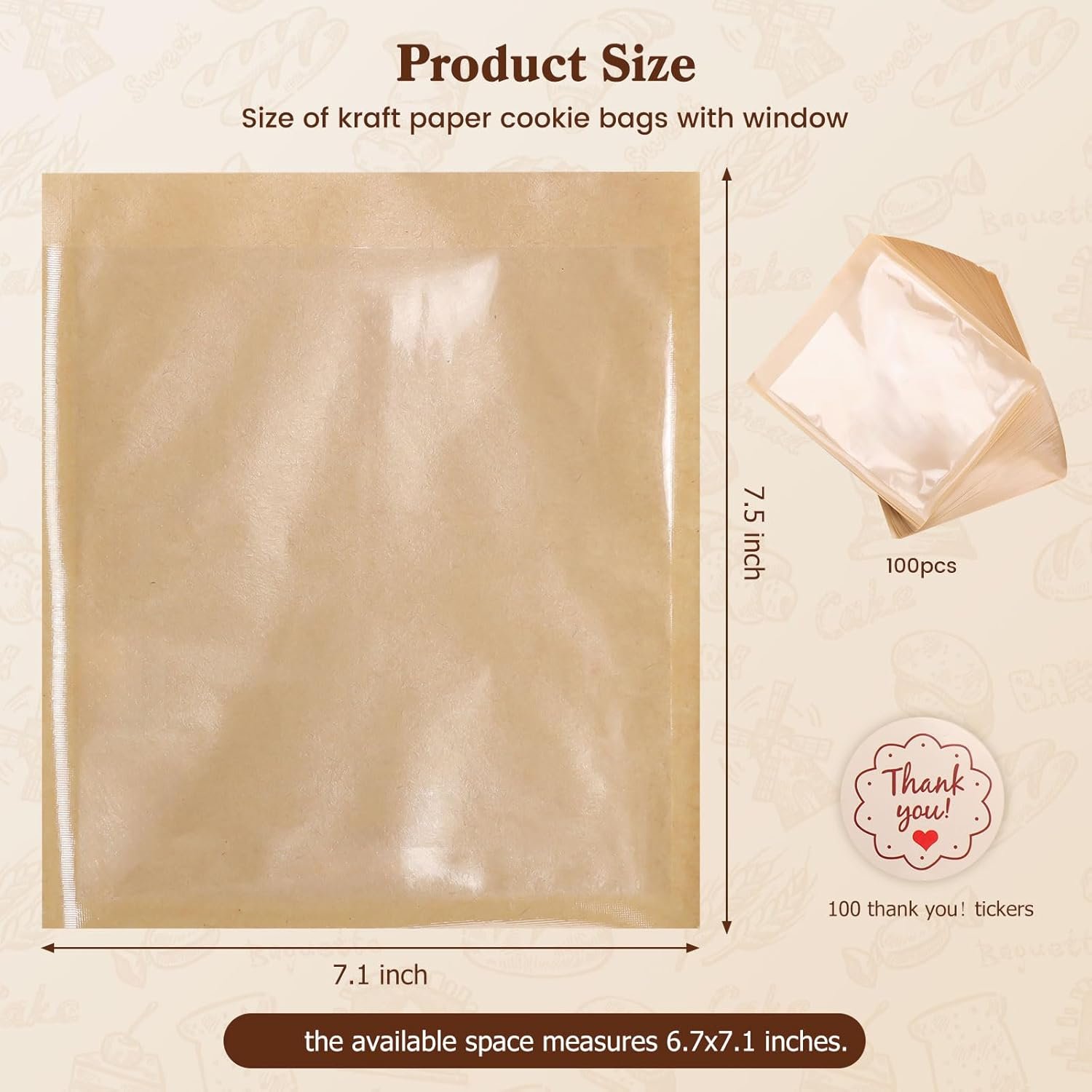Großhandel 100 Packung lebensmittelechte Verpackungsbeutel für Kekse mit Fenster, 7,1 x 7,5 Zoll, heat sealbare Papiertaschen für Selbstgemachtes, Sandwich, Kekse, Kuchen, Brownies, ausgestattet mit individuellen Logos und OEM-Service.