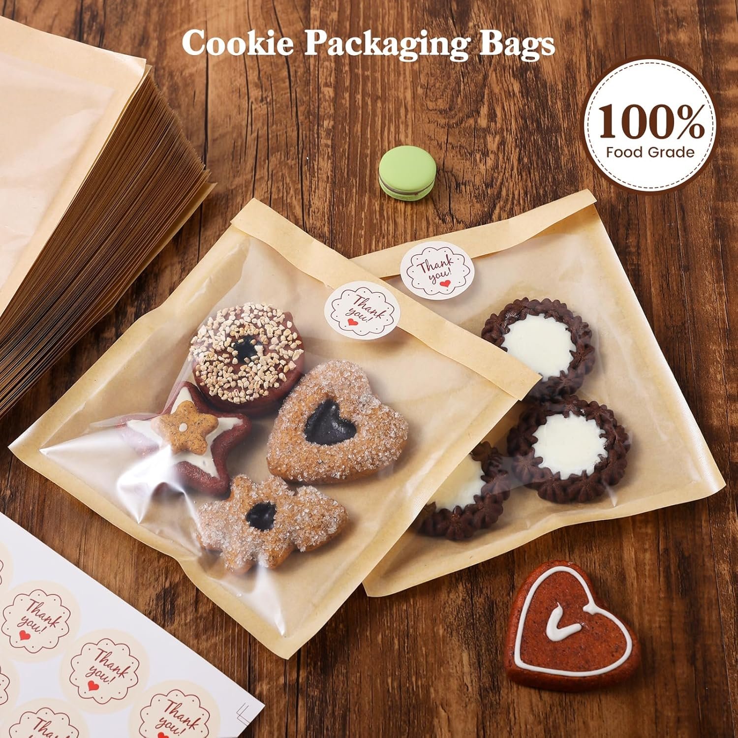 Großhandel 100 Packung lebensmittelechte Verpackungsbeutel für Kekse mit Fenster, 7,1 x 7,5 Zoll, heat sealbare Papiertaschen für Selbstgemachtes, Sandwich, Kekse, Kuchen, Brownies, ausgestattet mit individuellen Logos und OEM-Service.