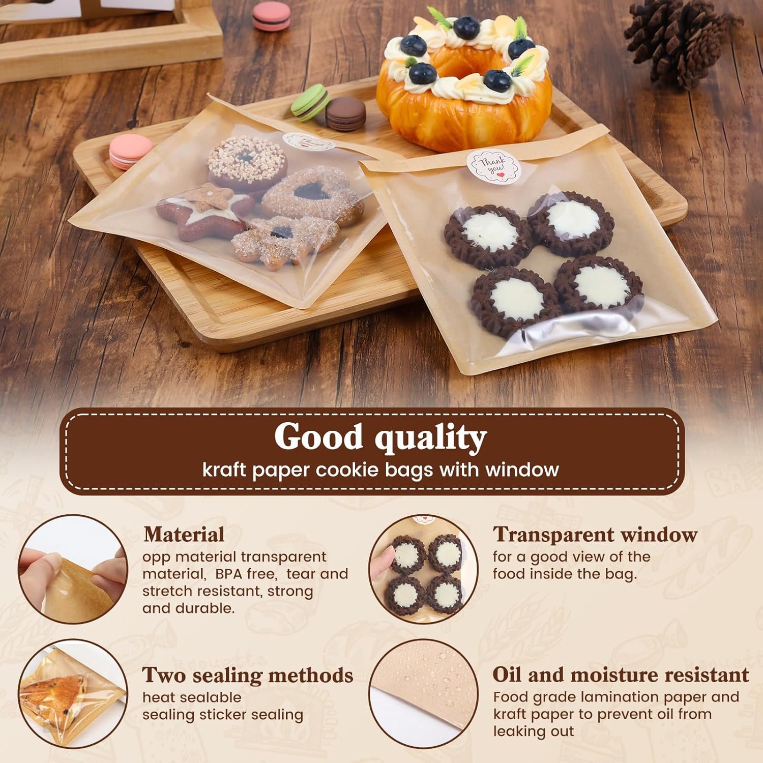 Großhandel 100 Packung lebensmittelechte Verpackungsbeutel für Kekse mit Fenster, 7,1 x 7,5 Zoll, heat sealbare Papiertaschen für Selbstgemachtes, Sandwich, Kekse, Kuchen, Brownies, ausgestattet mit individuellen Logos und OEM-Service.