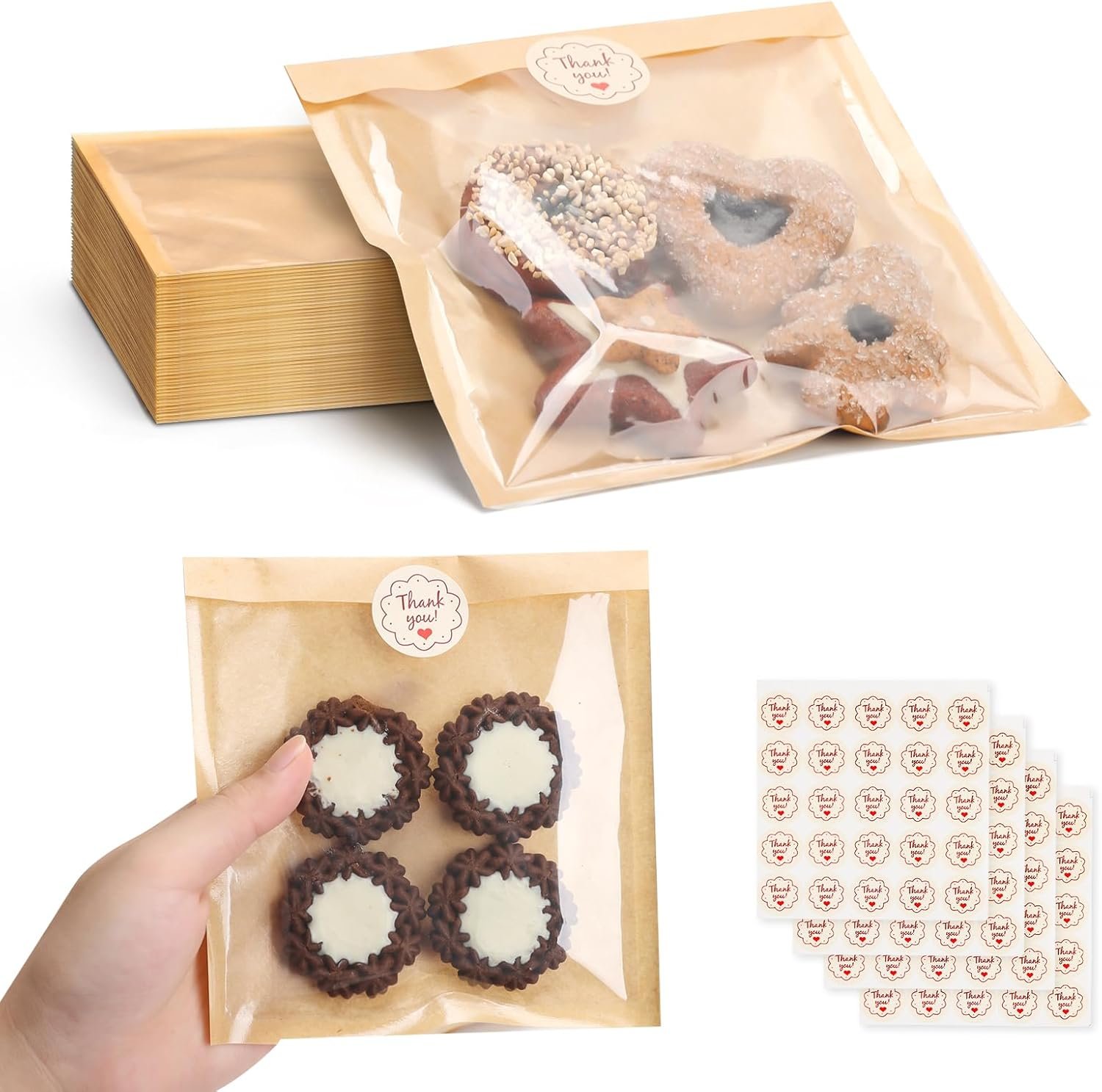 Großhandel 100 Packung lebensmittelechte Verpackungsbeutel für Kekse mit Fenster, 7,1 x 7,5 Zoll, heat sealbare Papiertaschen für Selbstgemachtes, Sandwich, Kekse, Kuchen, Brownies, ausgestattet mit individuellen Logos und OEM-Service.
