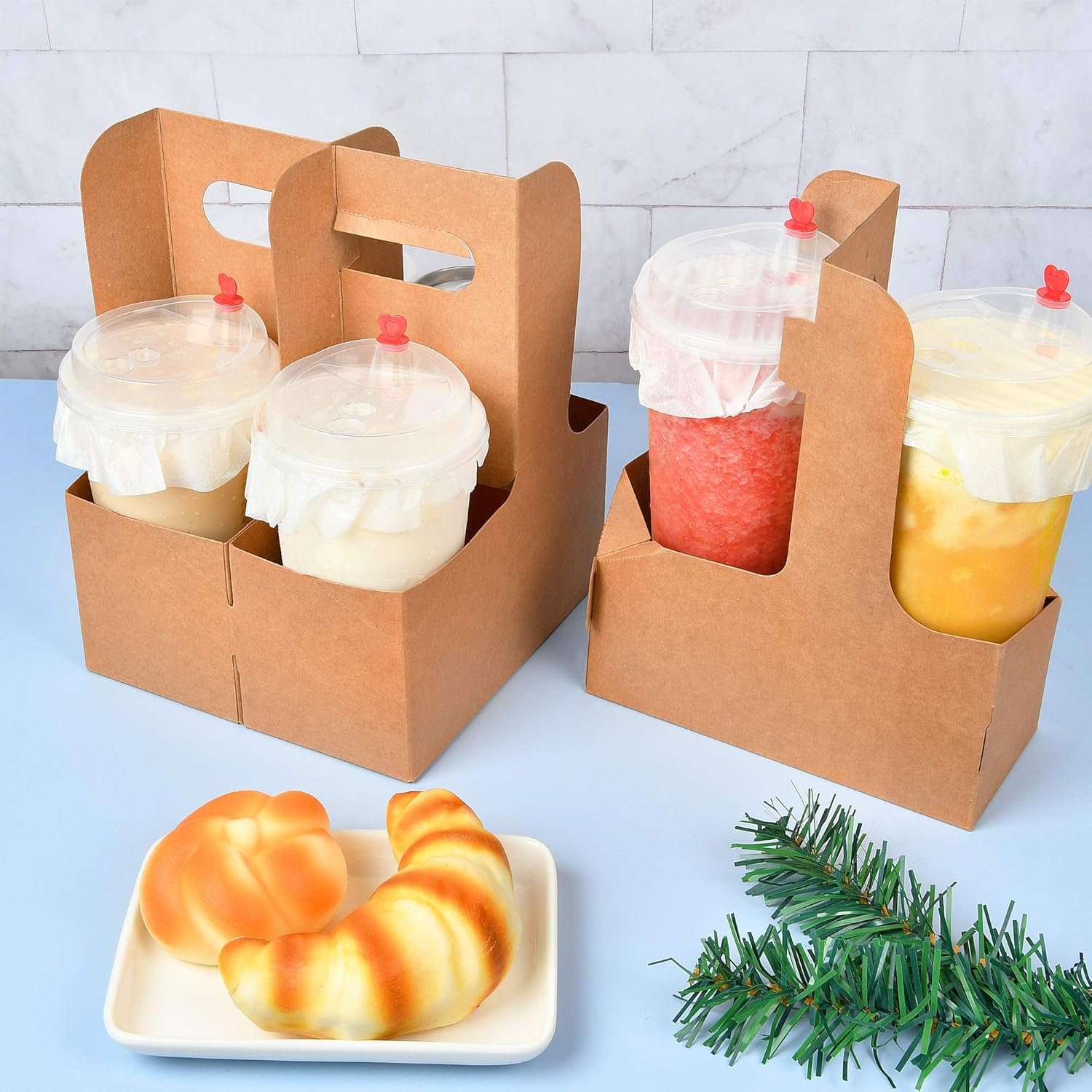 Großhandel 2er Einweg Getränke-Träger mit Griff, Kraftpapier Becherhalter für heiße und kalte Getränke, OEM Kaffeebecher Halter für Essenslieferdienst (20, Kraft)