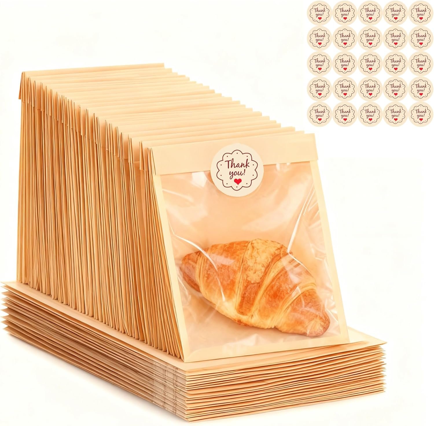 100 Stück Cookie-Tüten mit Dankeschön-Aufkleber, 5,1x7,5 Zoll Papiertüten für Bäckerei mit Fenster, ideal für Geschenke, Snacks und Gebäck, Großhandel, OEM, Hersteller