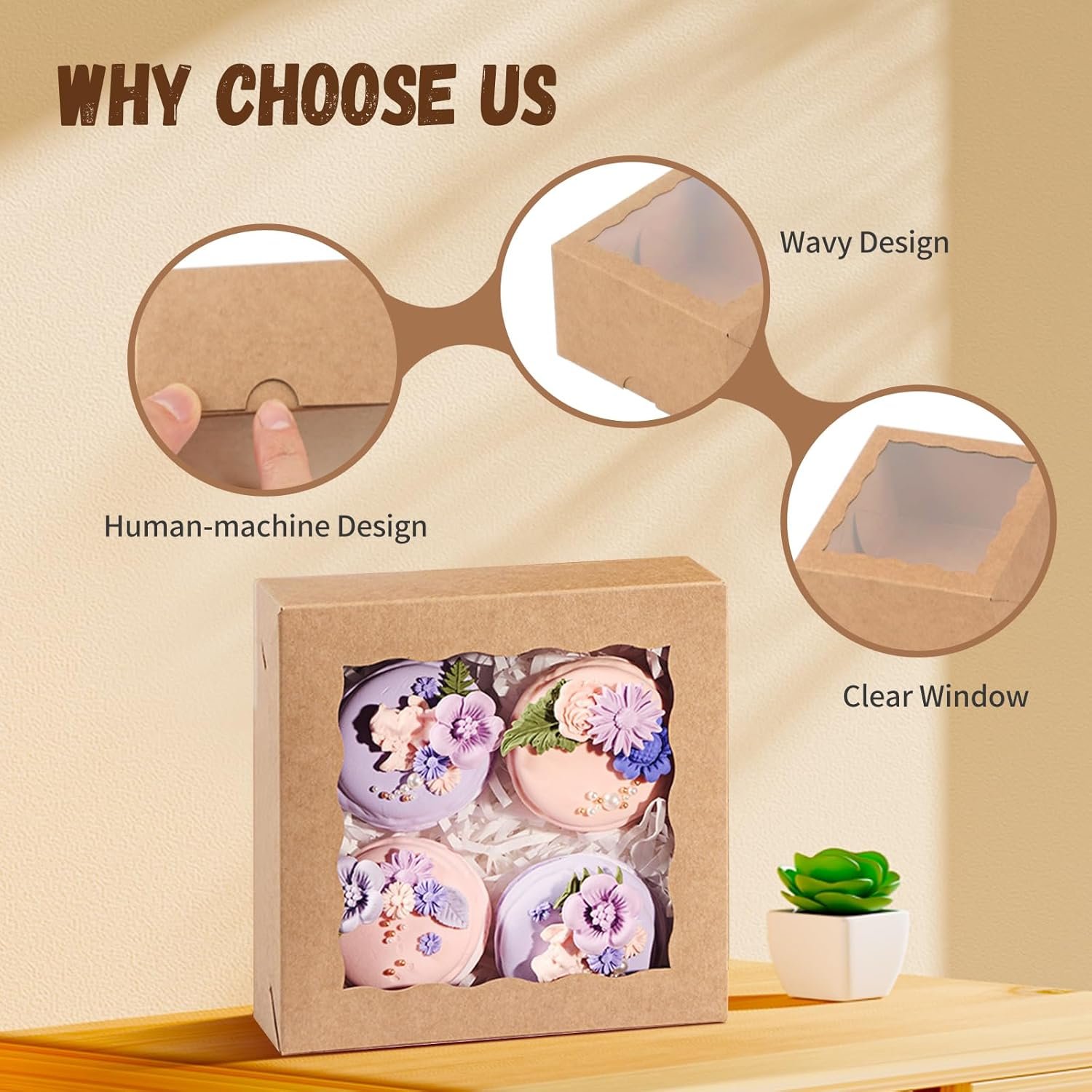 Großhandel 20 Stück Backboxen 5x5x2 Zoll mit Fenster für Cookies, Macarons, Mini-Kuchen, Schokoladenüberzogene Erdbeeren, Brownies & Pies - Individuelles Logo vom Hersteller