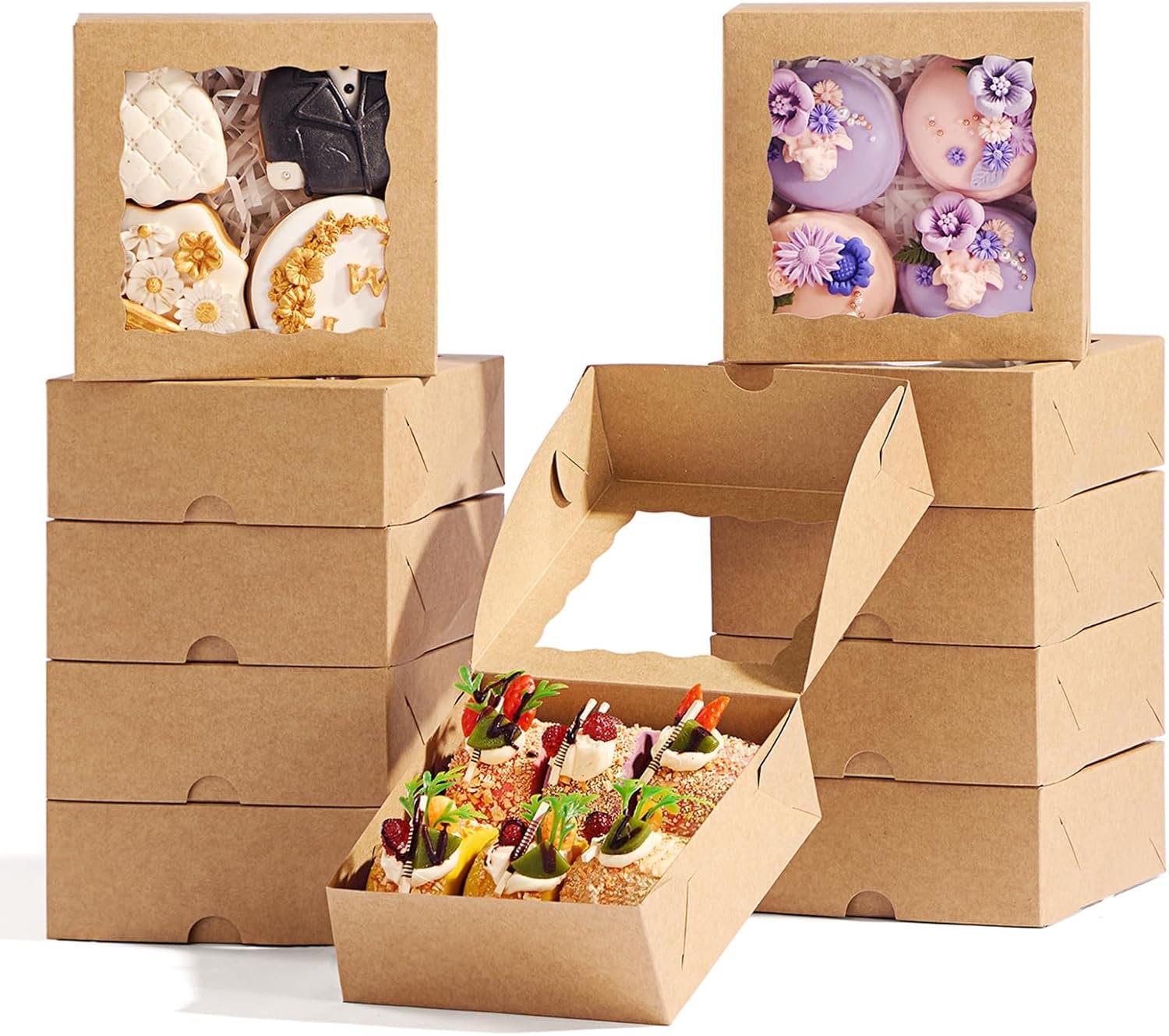 Großhandel 20 Stück Backboxen 5x5x2 Zoll mit Fenster für Cookies, Macarons, Mini-Kuchen, Schokoladenüberzogene Erdbeeren, Brownies & Pies - Individuelles Logo vom Hersteller