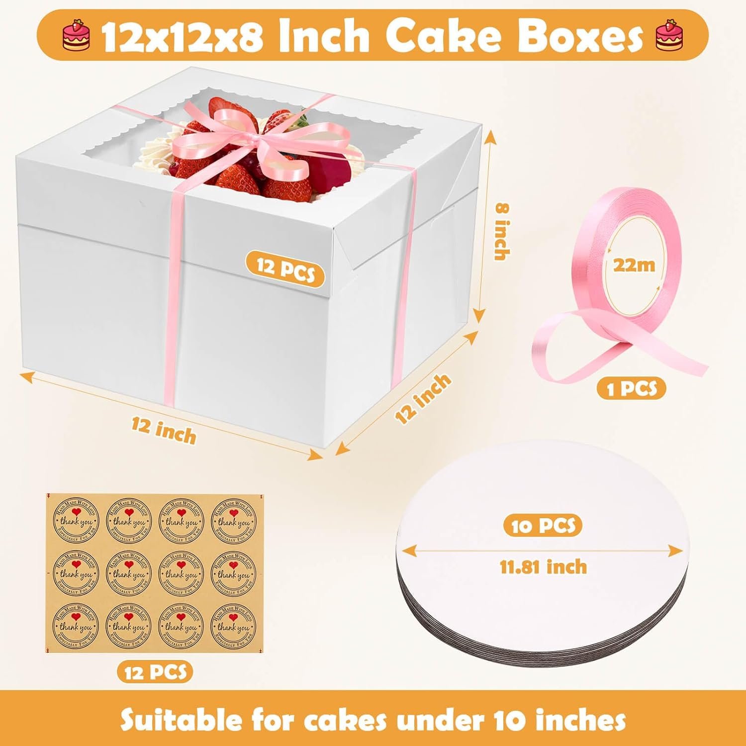 Großhandel 24 Stück Kuchenboxen 12 Zoll mit 12x12x8 Zoll, inklusive 12 Stück hoher Kuchenbox, 10 Stück Kuchenplatte, Aufkleber und Band, individuelle Logo Optionen für mehrlagige Kuchen, Hersteller für große Backboxen aus stabilem Karton.
