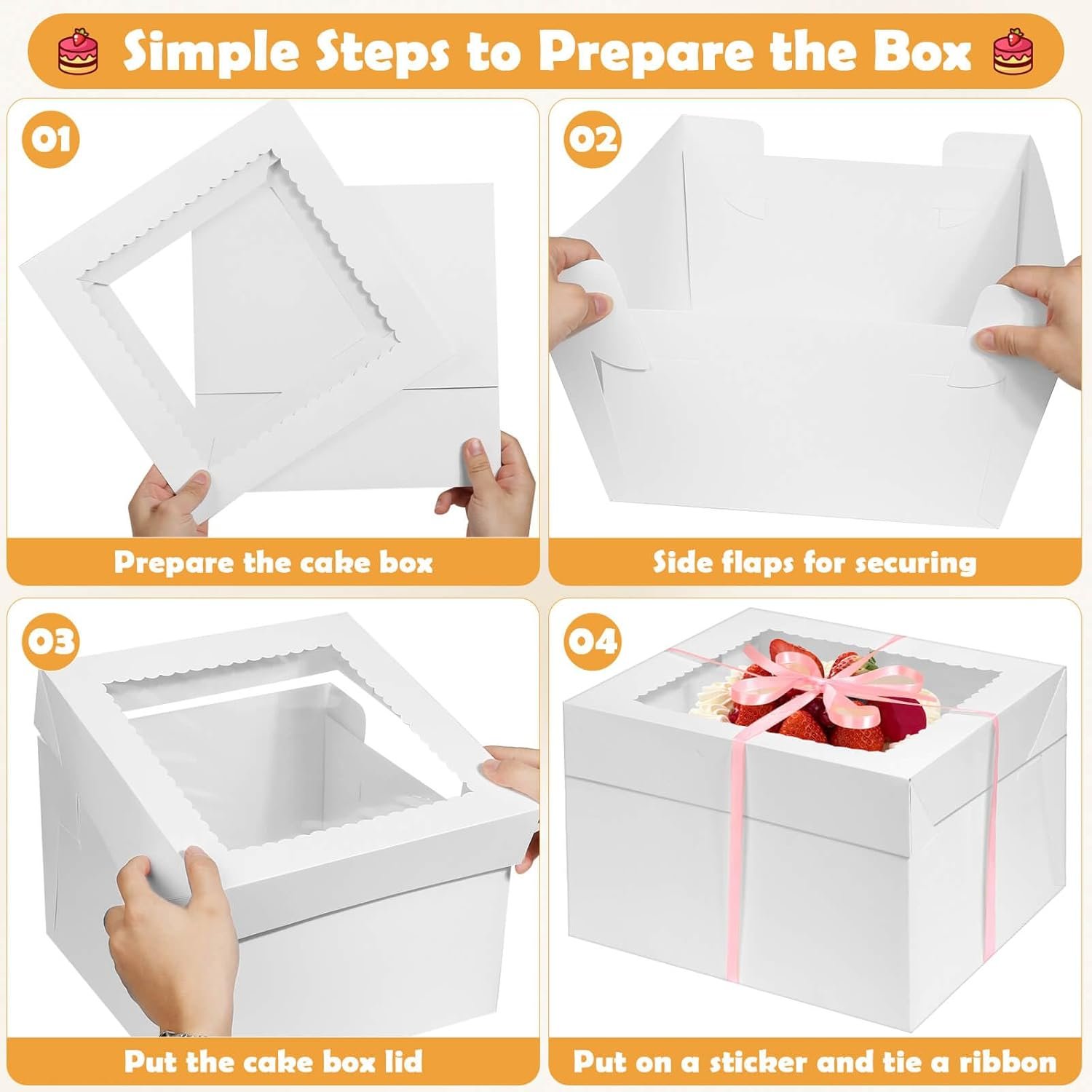 Großhandel 24 Stück Kuchenboxen 12 Zoll mit 12x12x8 Zoll, inklusive 12 Stück hoher Kuchenbox, 10 Stück Kuchenplatte, Aufkleber und Band, individuelle Logo Optionen für mehrlagige Kuchen, Hersteller für große Backboxen aus stabilem Karton.