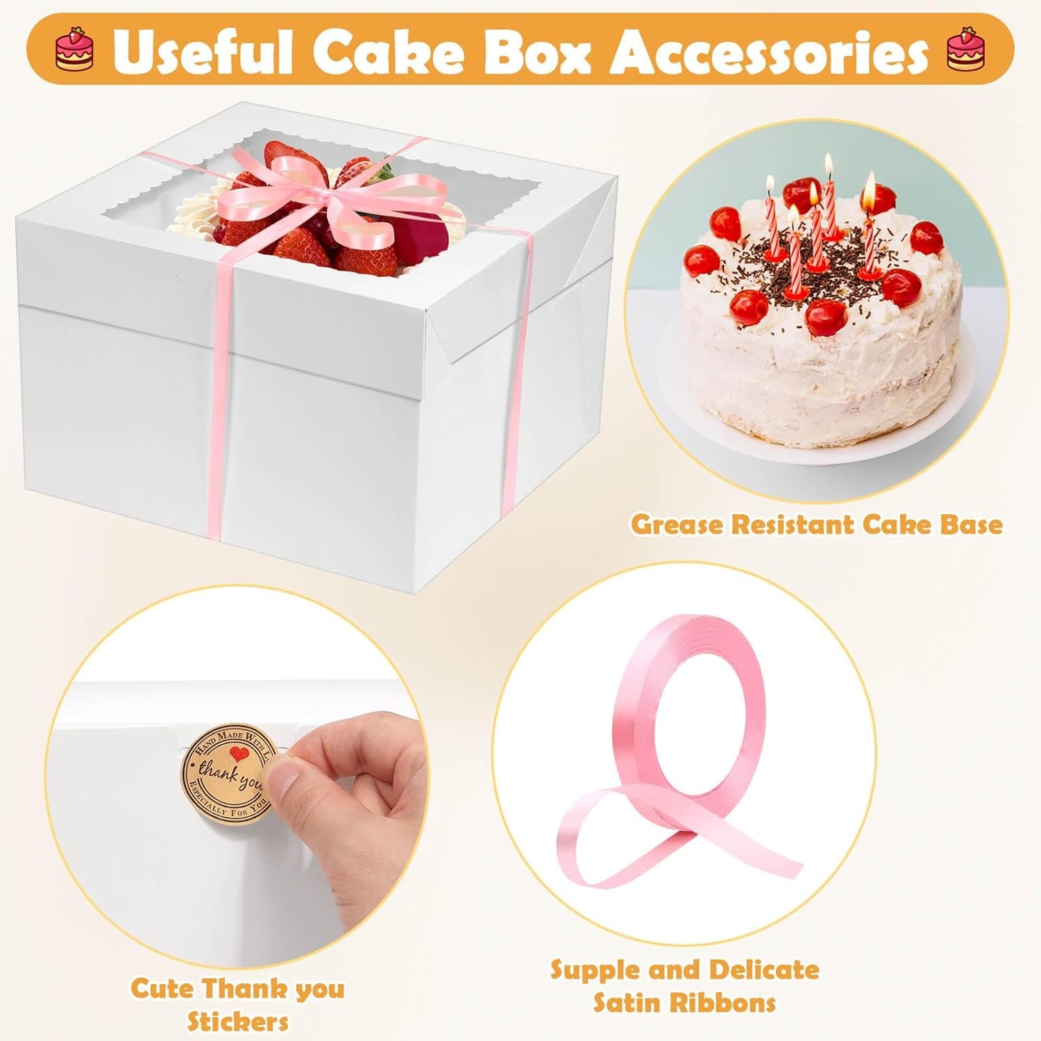 Großhandel 24 Stück Kuchenboxen 12 Zoll mit 12x12x8 Zoll, inklusive 12 Stück hoher Kuchenbox, 10 Stück Kuchenplatte, Aufkleber und Band, individuelle Logo Optionen für mehrlagige Kuchen, Hersteller für große Backboxen aus stabilem Karton.