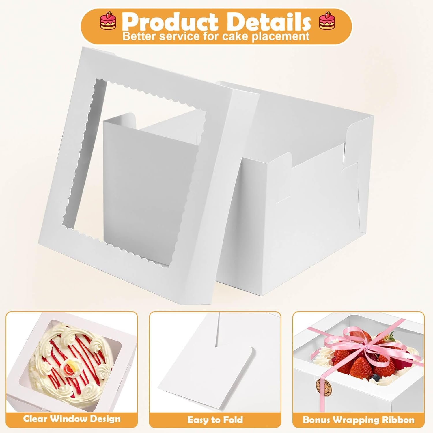 Großhandel 24 Stück Kuchenboxen 12 Zoll mit 12x12x8 Zoll, inklusive 12 Stück hoher Kuchenbox, 10 Stück Kuchenplatte, Aufkleber und Band, individuelle Logo Optionen für mehrlagige Kuchen, Hersteller für große Backboxen aus stabilem Karton.