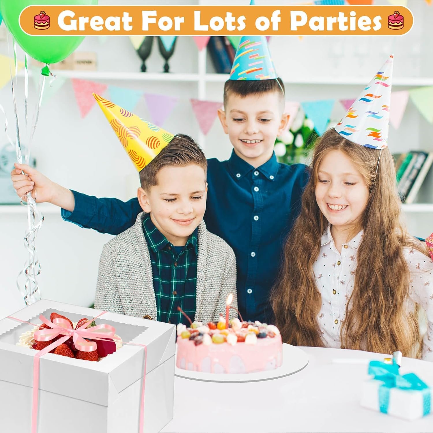 Großhandel 24 Stück Kuchenboxen 12 Zoll mit 12x12x8 Zoll, inklusive 12 Stück hoher Kuchenbox, 10 Stück Kuchenplatte, Aufkleber und Band, individuelle Logo Optionen für mehrlagige Kuchen, Hersteller für große Backboxen aus stabilem Karton.