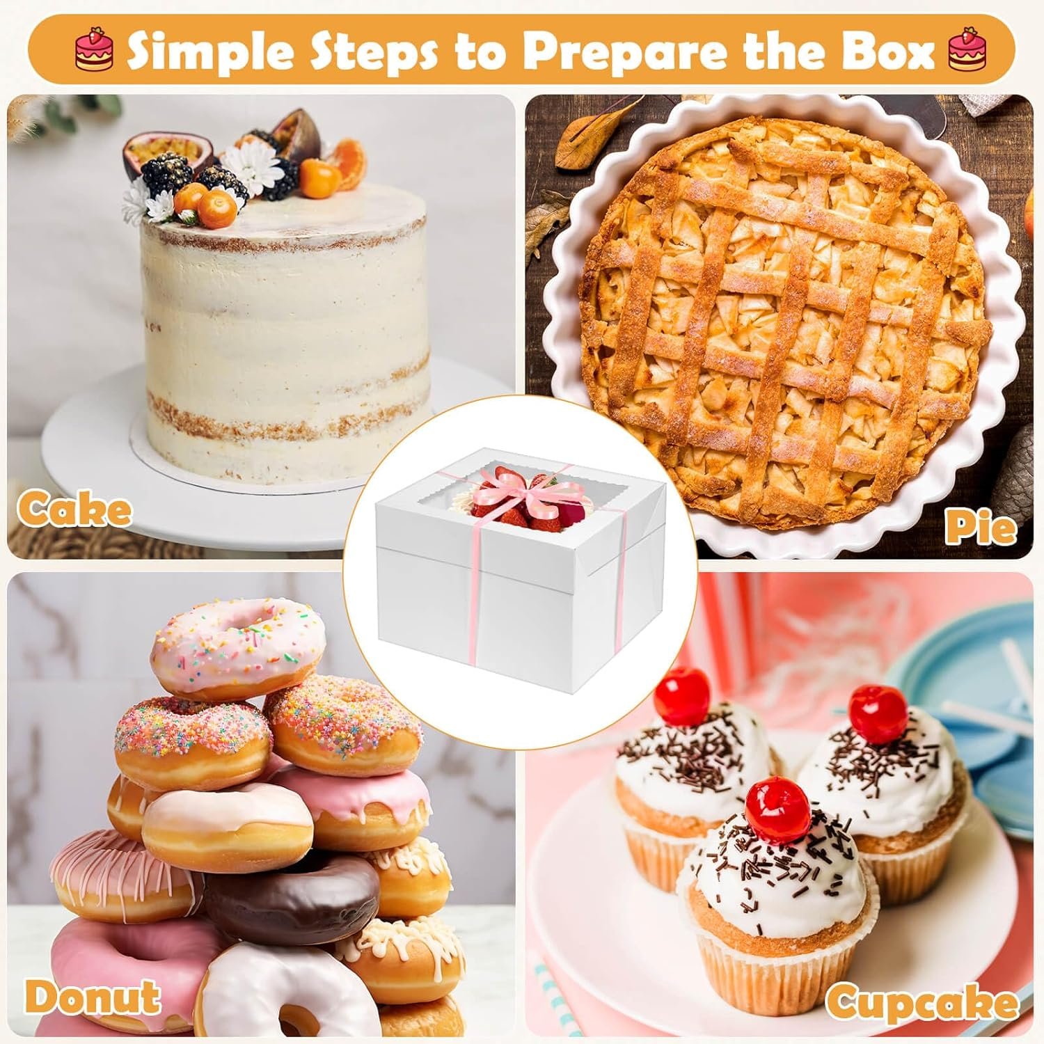 Großhandel 24 Stück Kuchenboxen 12 Zoll mit 12x12x8 Zoll, inklusive 12 Stück hoher Kuchenbox, 10 Stück Kuchenplatte, Aufkleber und Band, individuelle Logo Optionen für mehrlagige Kuchen, Hersteller für große Backboxen aus stabilem Karton.