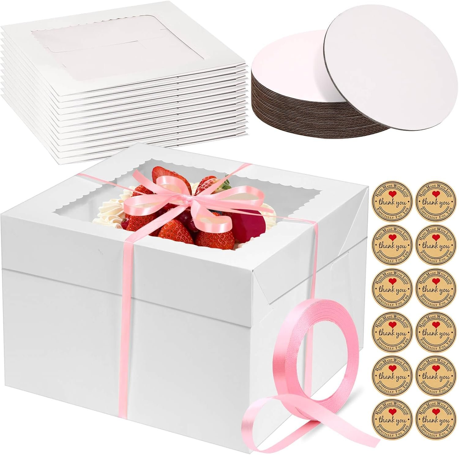 Großhandel 24 Stück Kuchenboxen 12 Zoll mit 12x12x8 Zoll, inklusive 12 Stück hoher Kuchenbox, 10 Stück Kuchenplatte, Aufkleber und Band, individuelle Logo Optionen für mehrlagige Kuchen, Hersteller für große Backboxen aus stabilem Karton.