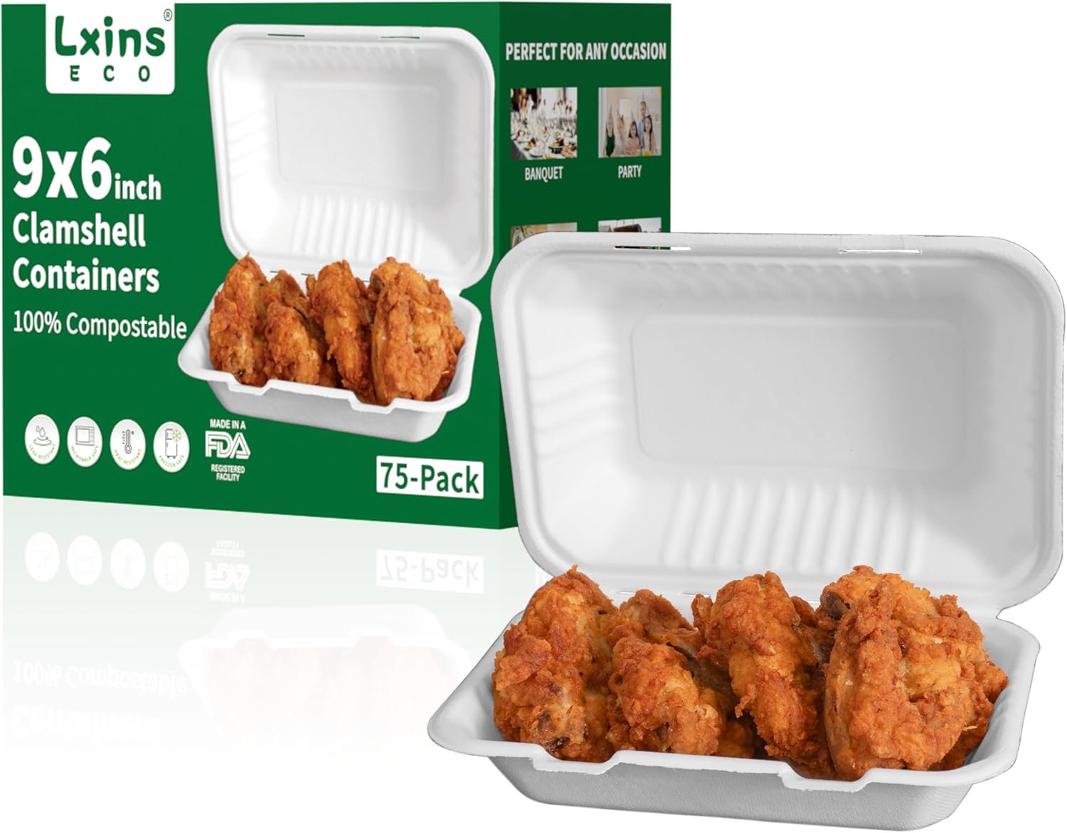 Großhandel 9x6 Zoll schwere Clamshell Take-Out-Behälter, kompostierbare Bagasse Lebensmittelboxen mit Deckeln, OEM-fähige Einweg-To-Go-Behälter für Lunch, Salat, Meal Prep 【75 Pack】