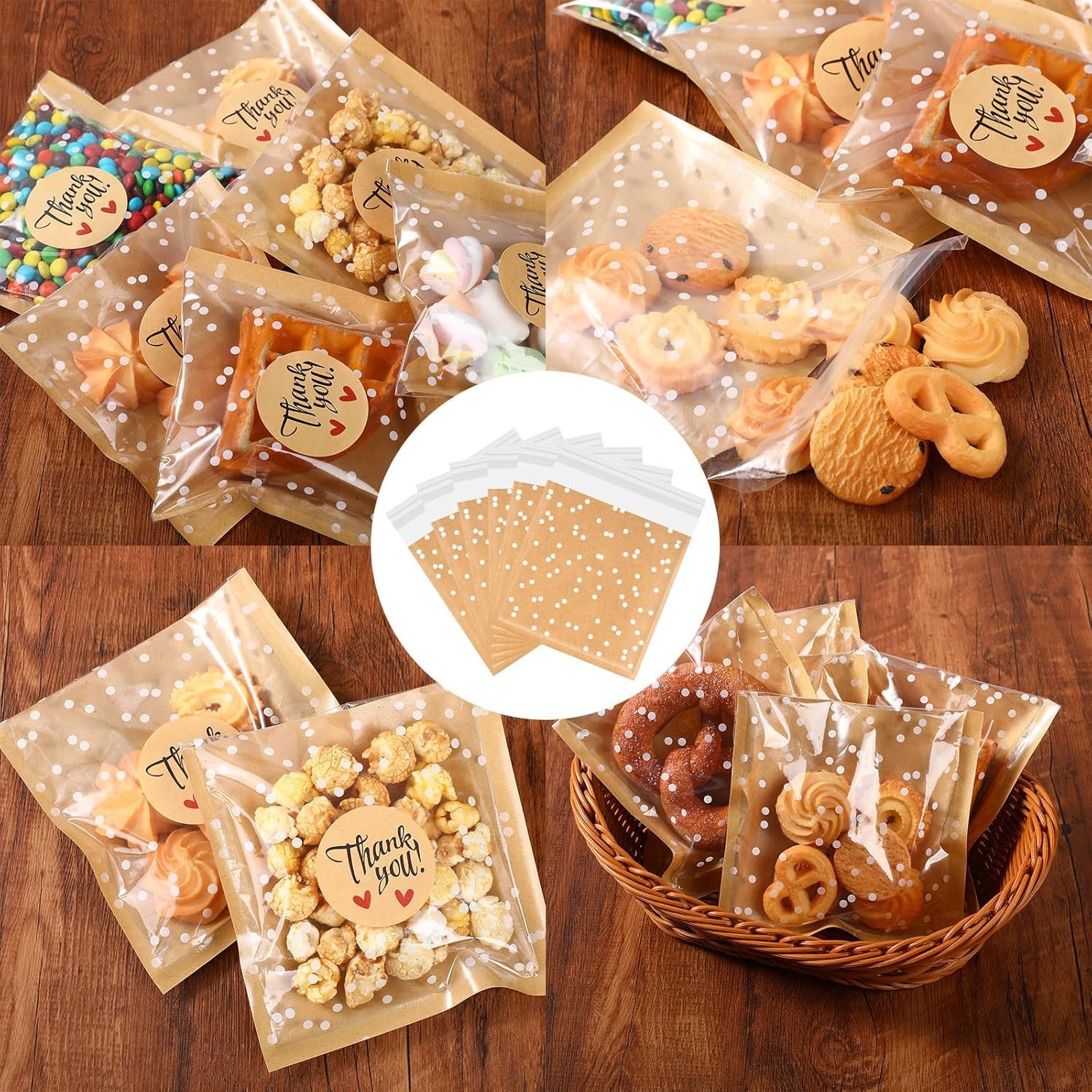 Großhandel 50 Stück selbstklebende Cellophan-Tüten mit Punkten, 5,6 x 5,6 Inch, inklusive Dankesaufkleber für Partygeschenke, Gebäck, Süßigkeiten und Konditorei - Individuelles Logo, Hersteller, Bulk Großhandel 50 Stück selbstklebende Cellophan-Tüten mit Punkten, 5,6 x 5,6 Inch, inklusive Dankesaufkleber für Partygeschenke, Gebäck, Süßigkeiten und Konditorei - Individuelles Logo, Hersteller, Bulk