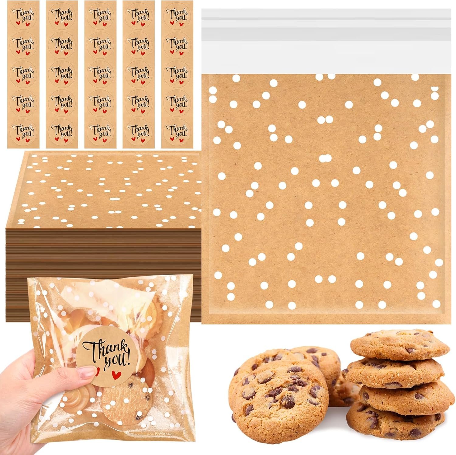 Großhandel 50 Stück selbstklebende Cellophan-Tüten mit Punkten, 5,6 x 5,6 Inch, inklusive Dankesaufkleber für Partygeschenke, Gebäck, Süßigkeiten und Konditorei - Individuelles Logo, Hersteller, Bulk