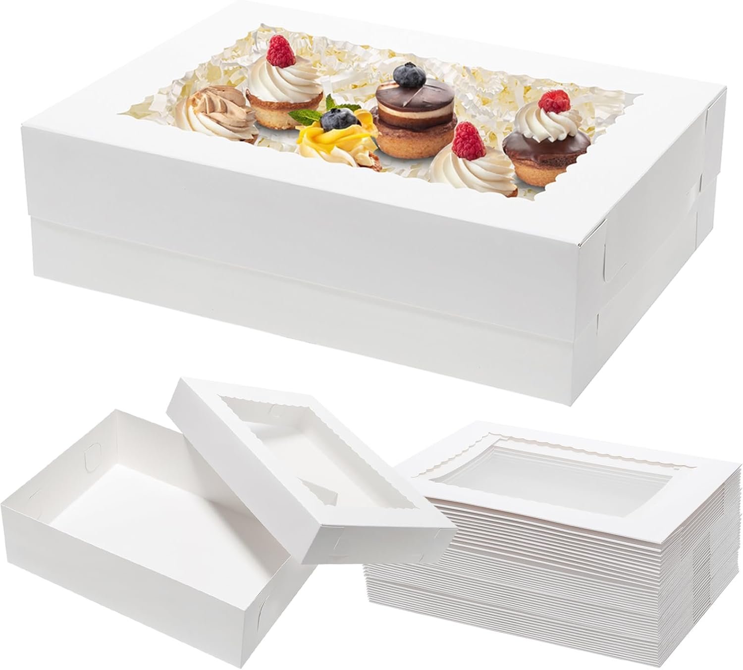 Großhandel 25 Stück 14x10x4 Rechteckige Kuchenboxen mit Fenster - Verpackungen für Donuts, Kekse, Cupcakes, Pâtisserie und Torten als individuelle Lösung von einem Hersteller in Großmenge.