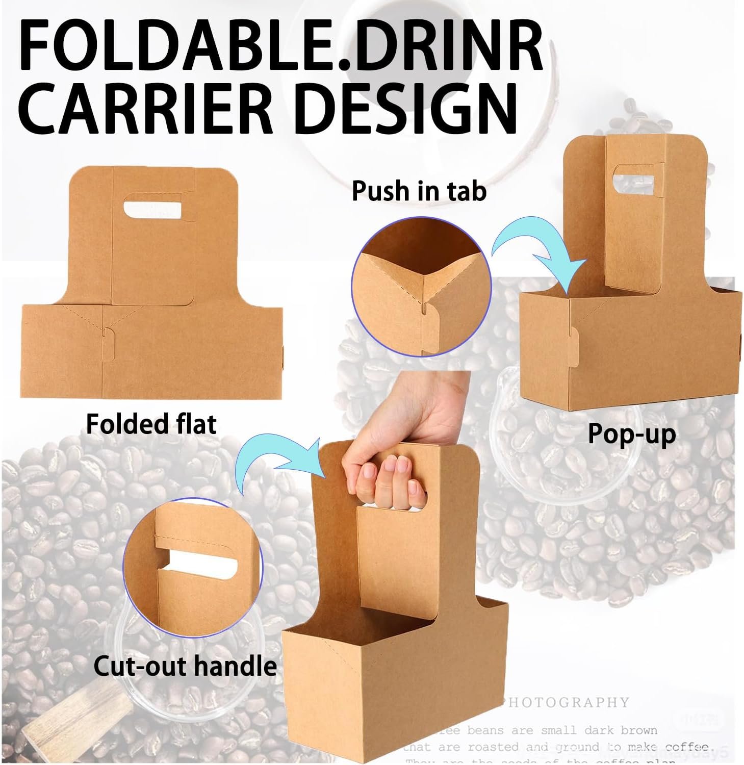 Großhandel 20er Pack faltbare Getränketräger für 2 Becher mit Griffen, ideal für die Lieferung von heißen und kalten Getränken, OEM Cup Carrier für Nahrungslieferung und Take-Out, braun