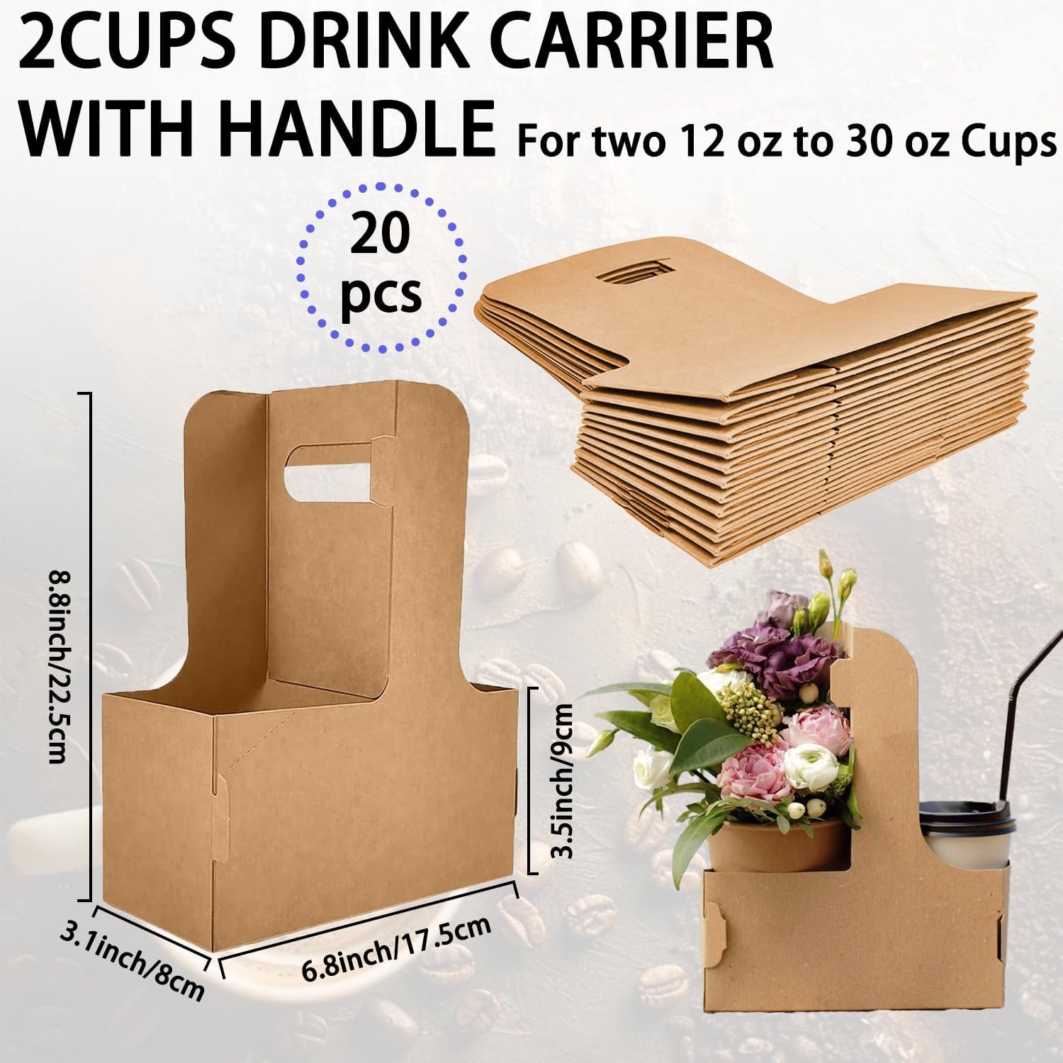Großhandel 20er Pack faltbare Getränketräger für 2 Becher mit Griffen, ideal für die Lieferung von heißen und kalten Getränken, OEM Cup Carrier für Nahrungslieferung und Take-Out, braun