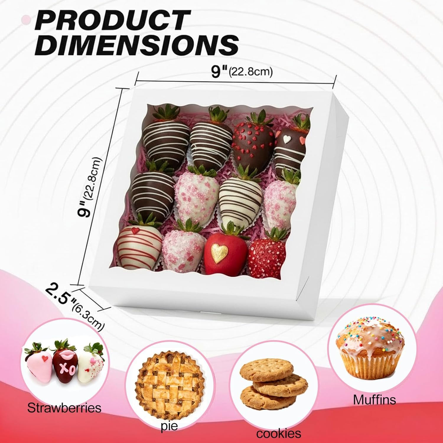 Großhandel 50 Stück weiße Bäckerei-Boxen 9x9x2,5 Zoll - für Cookies, Pie, Schokoladenüberzogene Erdbeeren, zerbrechliche Herzen, Charcuterie-Boxen mit individuellem Logo für Valentinstag & Weihnachten, vom Hersteller in Großmenge.
