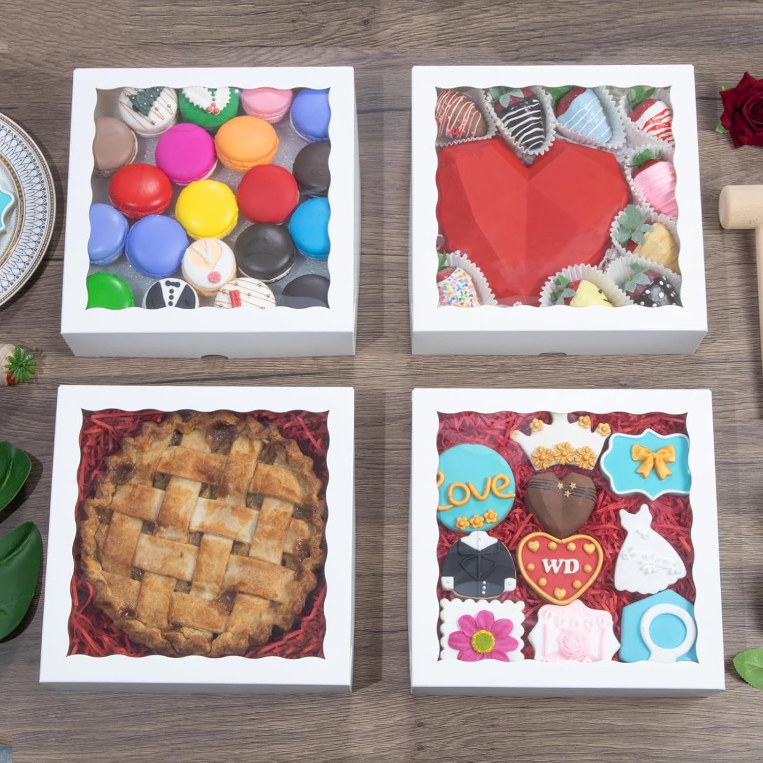 Großhandel 50 Stück weiße Bäckerei-Boxen 9x9x2,5 Zoll - für Cookies, Pie, Schokoladenüberzogene Erdbeeren, zerbrechliche Herzen, Charcuterie-Boxen mit individuellem Logo für Valentinstag & Weihnachten, vom Hersteller in Großmenge.