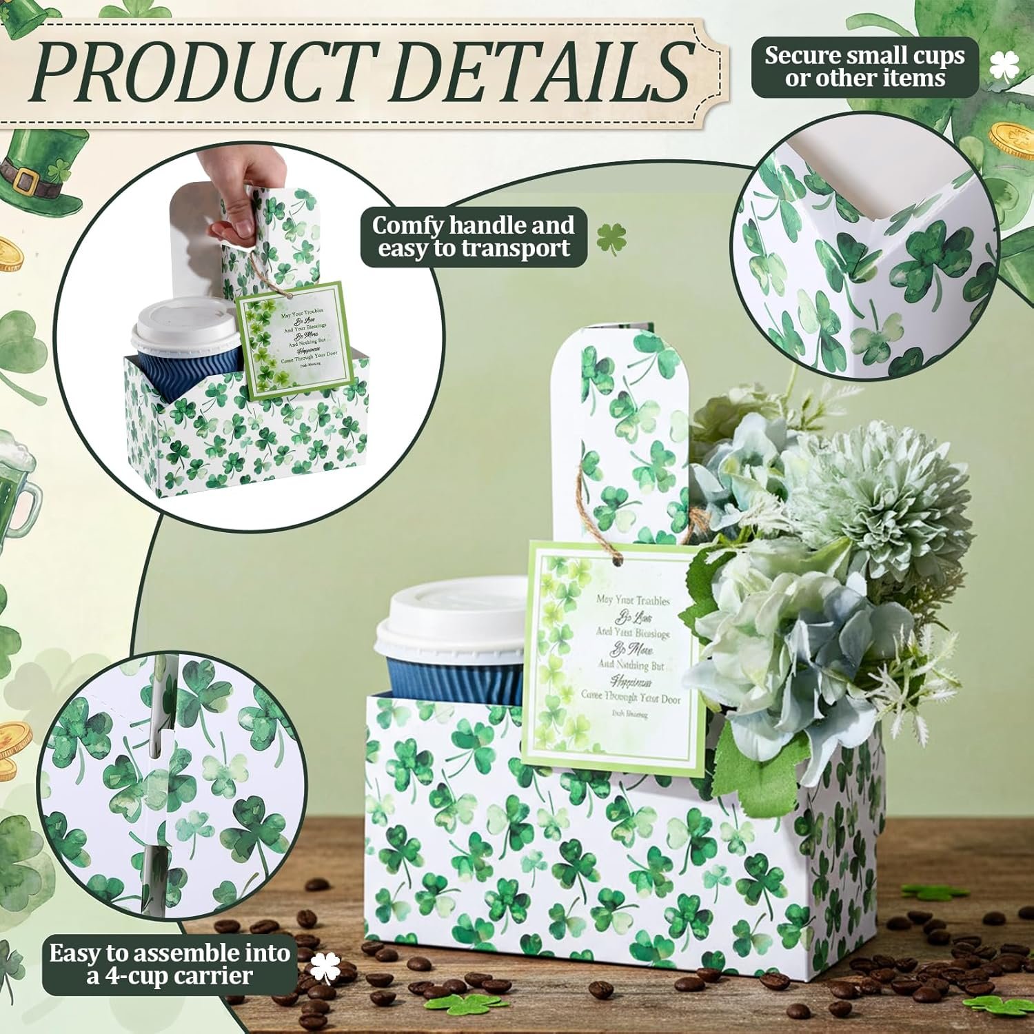 Großhandel 12er Set Träger für 2 Tassen mit Griff für St. Patrick's Day, Hersteller von beschichteten Kraftpapierhaltern, individuell bedruckbar, für kalte und heiße Getränke, ideal für Partybedarf