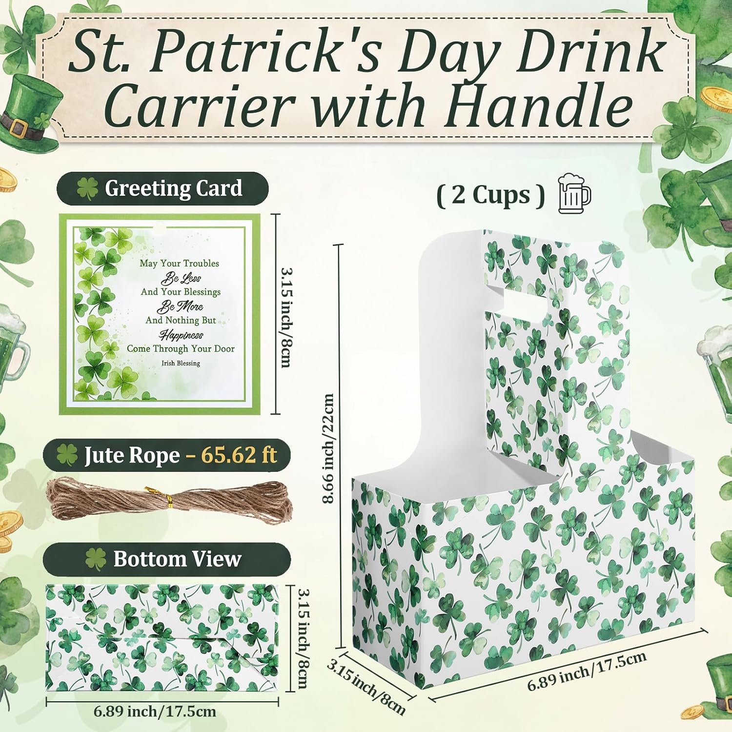 Großhandel 12er Set Träger für 2 Tassen mit Griff für St. Patrick's Day, Hersteller von beschichteten Kraftpapierhaltern, individuell bedruckbar, für kalte und heiße Getränke, ideal für Partybedarf