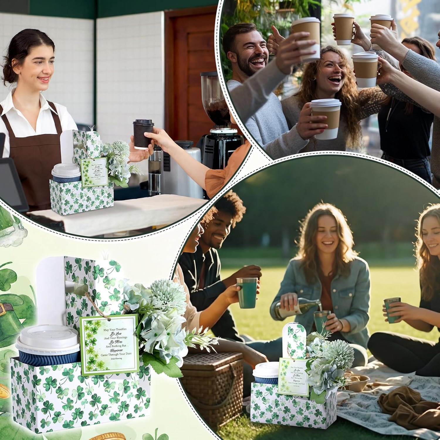 Großhandel 12er Set Träger für 2 Tassen mit Griff für St. Patrick's Day, Hersteller von beschichteten Kraftpapierhaltern, individuell bedruckbar, für kalte und heiße Getränke, ideal für Partybedarf