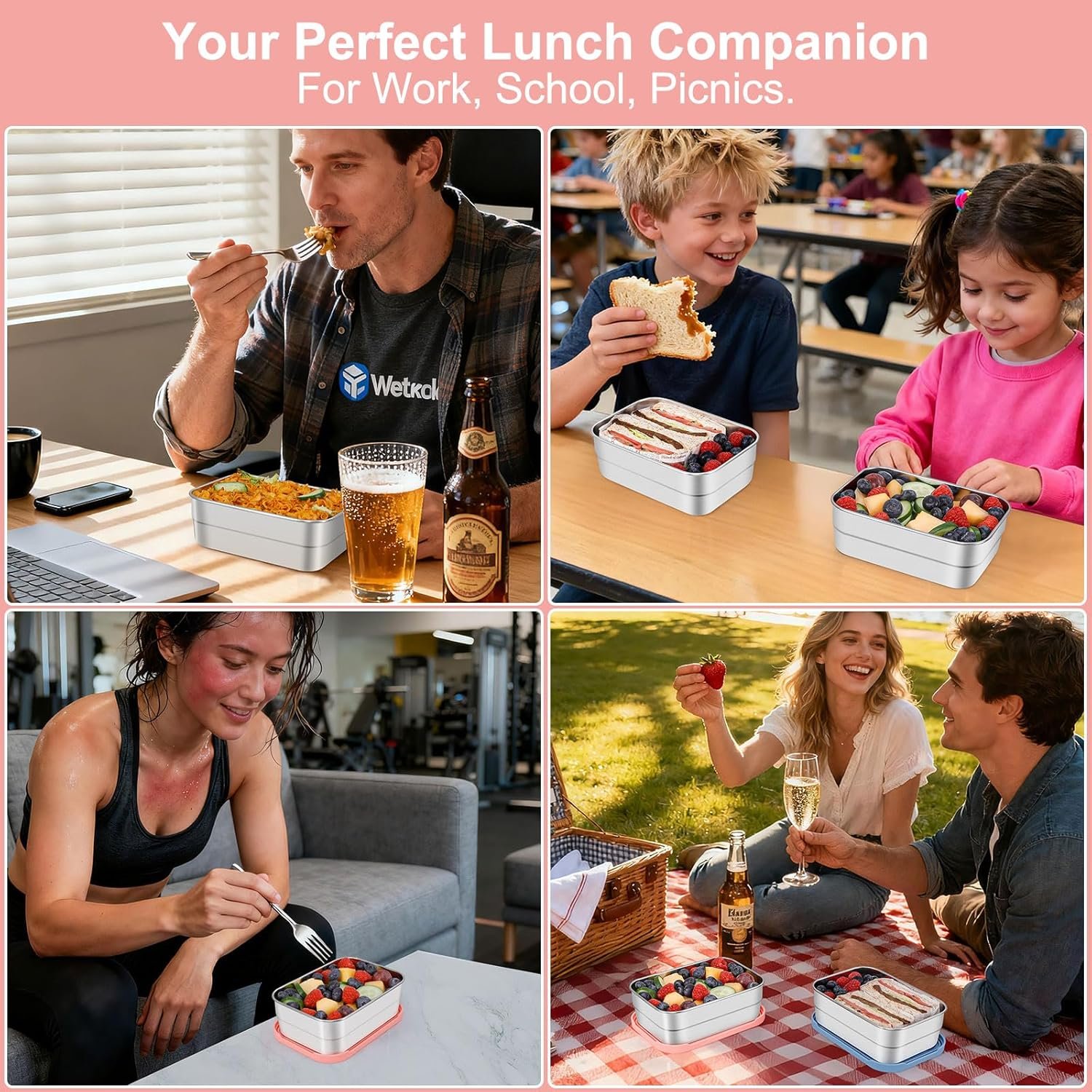 Großhandel 3-Pack Bento Lunch Box, 720ml Edelstahl Lebensmittelbehälter mit Silikondeckeln, wiederverwendbarer, auslaufsicherer Meal Prep Container für Sandwiches und Snacks, individuell bedruckbares Logo, Zubehör für Hersteller. Großhandel 3-Pack Bento Lunch Box, 720ml Edelstahl Lebensmittelbehälter mit Silikondeckeln, wiederverwendbarer, auslaufsicherer Meal Prep Container für Sandwiches und Snacks, individuell bedruckbares Logo, Zubehör für Hersteller.