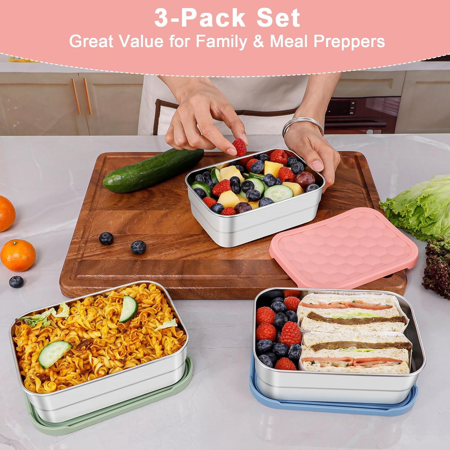 Großhandel 3-Pack Bento Lunch Box, 720ml Edelstahl Lebensmittelbehälter mit Silikondeckeln, wiederverwendbarer, auslaufsicherer Meal Prep Container für Sandwiches und Snacks, individuell bedruckbares Logo, Zubehör für Hersteller. Großhandel 3-Pack Bento Lunch Box, 720ml Edelstahl Lebensmittelbehälter mit Silikondeckeln, wiederverwendbarer, auslaufsicherer Meal Prep Container für Sandwiches und Snacks, individuell bedruckbares Logo, Zubehör für Hersteller.