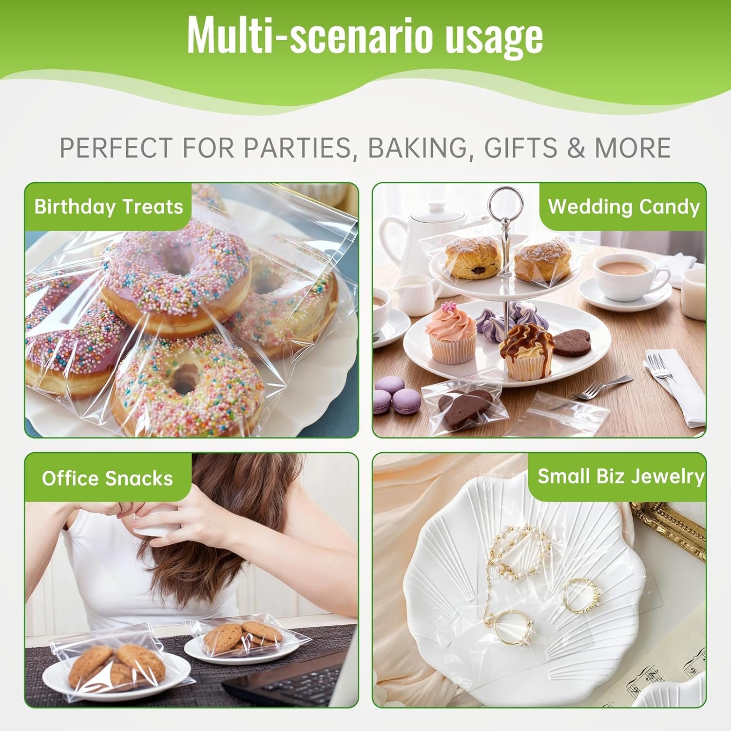 Großhandel 200 Stück klar 5×7 Zoll selbstklebende Zellophanbeutel für Lebensmittel, Resealable transparente Verpackungen für Snacks, Süßigkeiten und Kekse, individuell bedruckte Treat Wrappers für Hochzeiten und Geburtstagsfeiern, Hersteller, Eigenmarke.