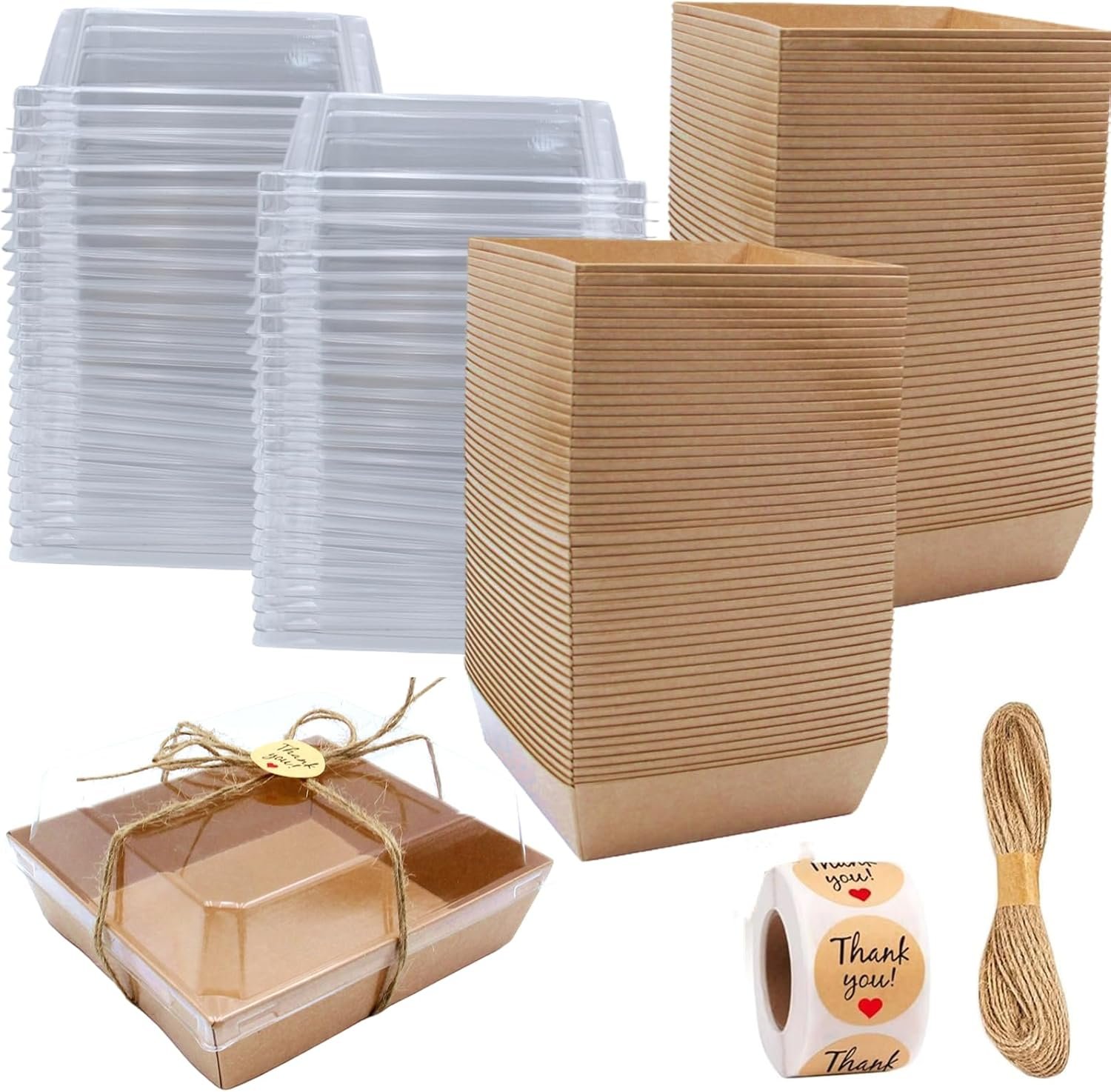 Großhandel 100 Stück Charcuterie-Boxen mit Klarsichtdeckeln, kraftpapierene Backbehälter für Desserts, inklusive Twine und Stickern für Sandwiches, Snacks, Kuchen, Hochzeiten, Erdbeeren, 5"x5"x2.6", Individuelles Logo, Hersteller.