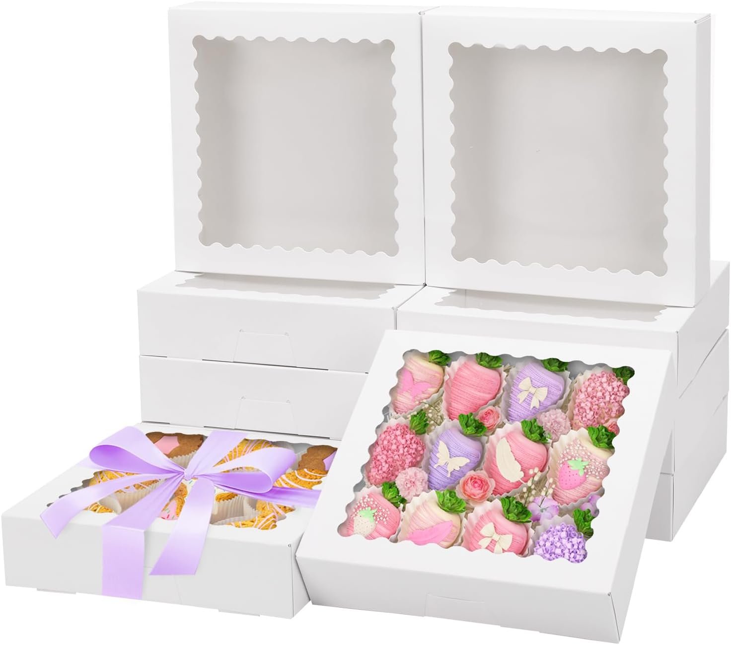 Großhandel 12 Stück 8x8x2 Zoll Auto-Popup-Kekse mit Fenster, weiße Verpackungen für Schokolade, Erdbeeren, Donuts, Desserts, Gebäck, Individuelles Logo, Hersteller für Großmenge.