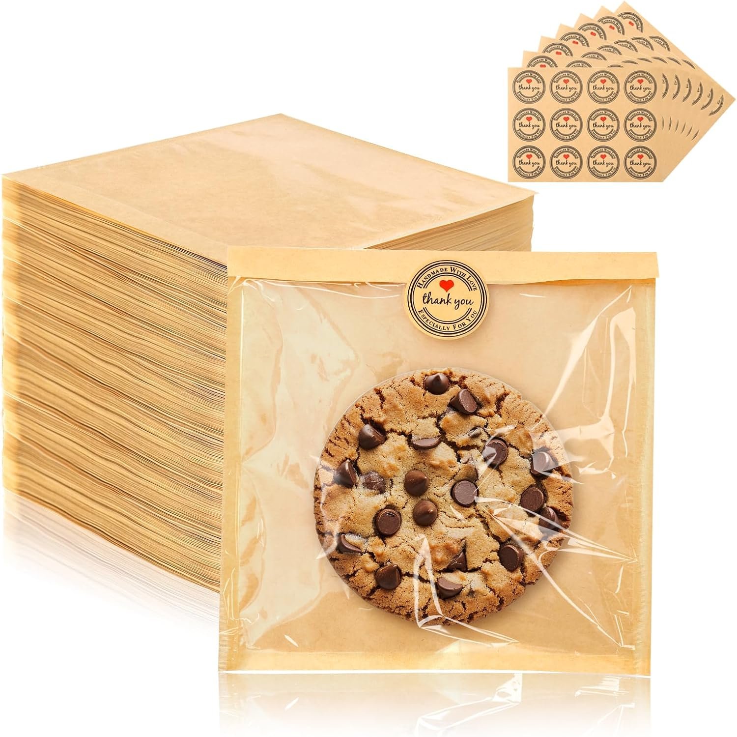 Großhandel 250 Stück Cookie-Tüten mit Versiegelung, 7,5 x 7,1 Zoll Backtüten, hitzebeständige, ölfeste Papierverpackung für Snacks und Brot mit eigenen Aufklebern, Hersteller für individuelle Logos und Eigenmarken.