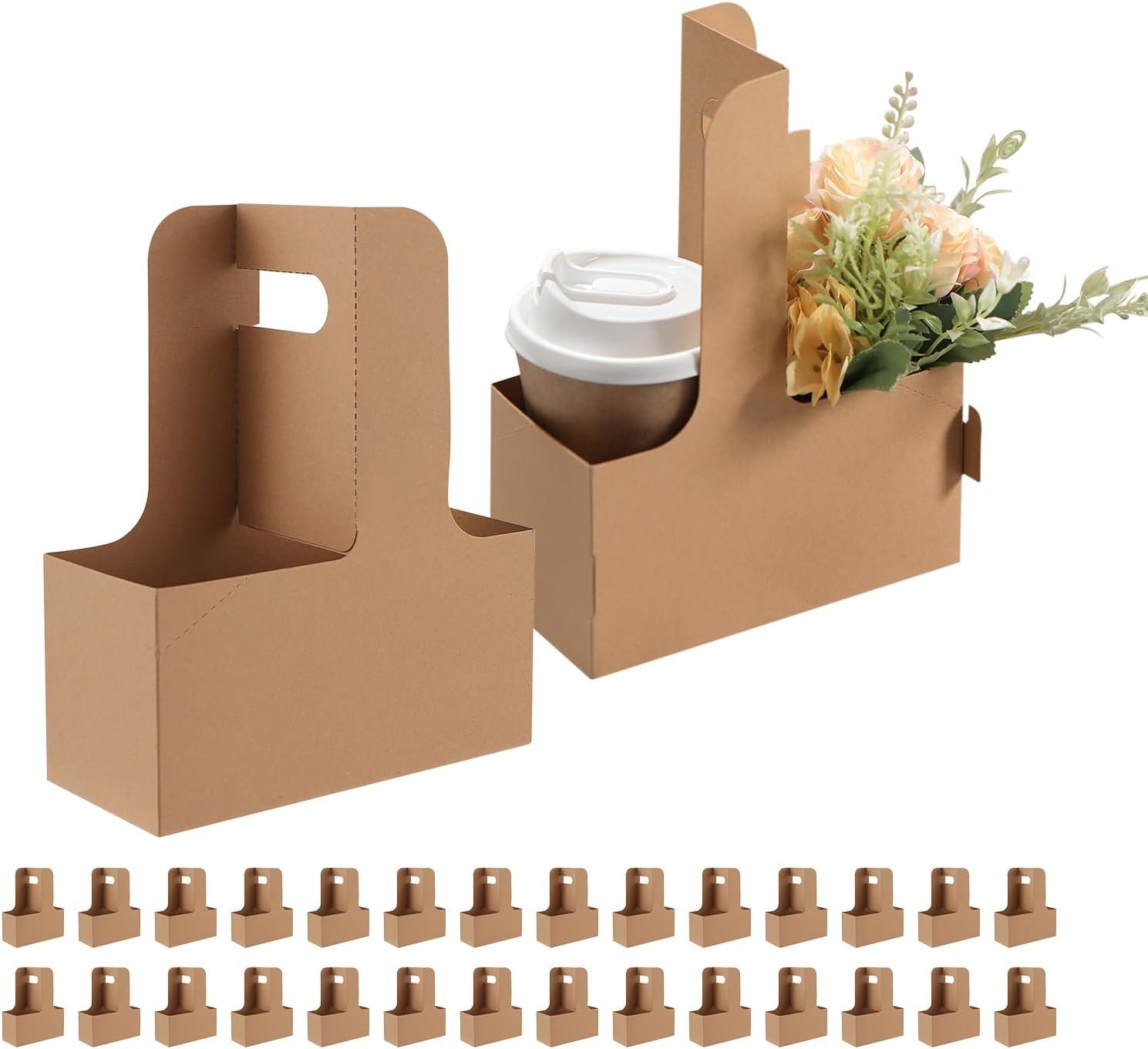 Großhandel 2 Cup Drink Carrier mit Griffen, 30 Sets Kraftpapierbecherträger für 12-20 oz als To-Go Kaffeebecherhalter, für heiße und kalte Getränke, Lieferant für Takeout, Café und Restaurant Food Service Delivery, Individuelles Logo.