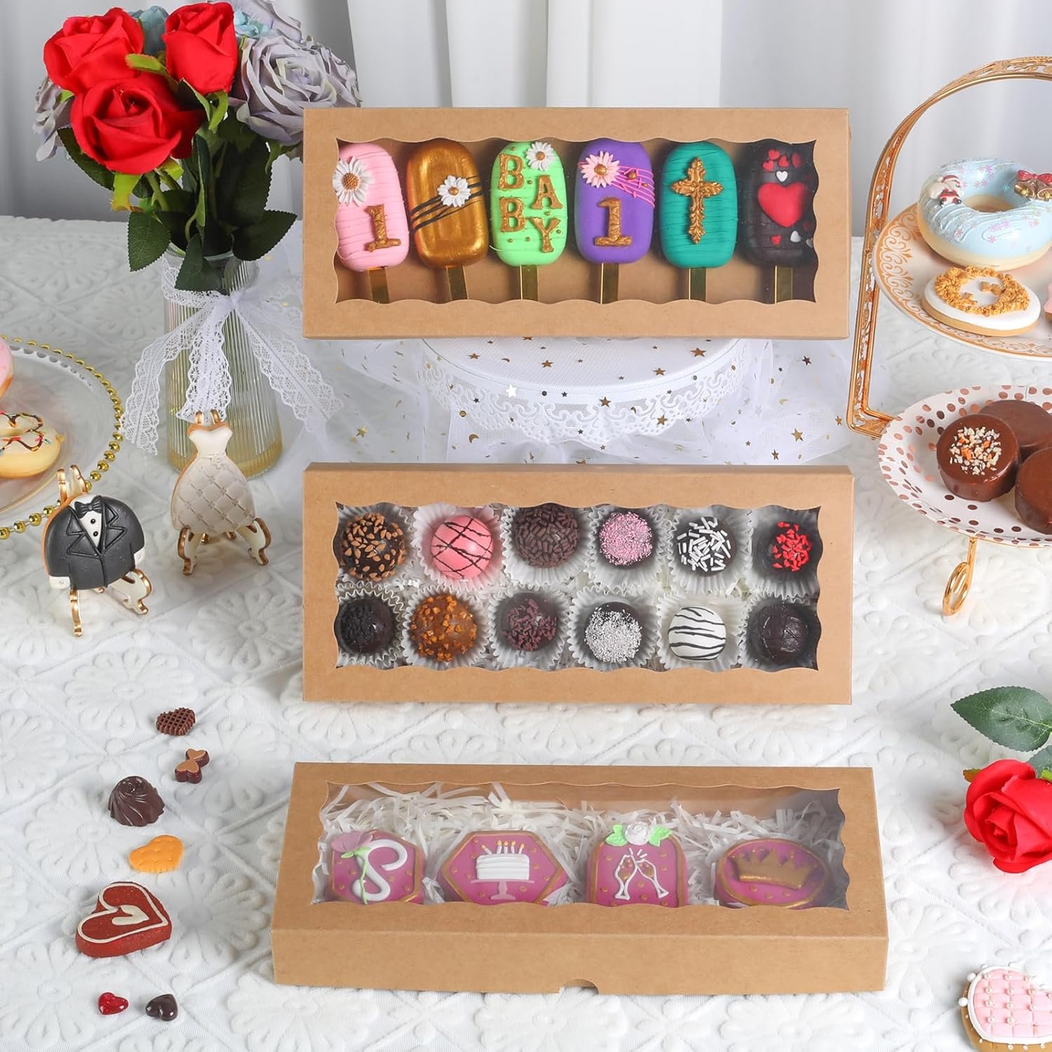 Großhandel 50 Stück 12x5x1,5 Zoll braune Verpackungen für Kekse mit Fenster, Macaron-Boxen, Trüffel-Boxen, Brownie-Boxen für individuelle Logos, Hersteller von Geschenkschachteln für Weihnachten, Valentinstag, Vatertag, Muttertag.