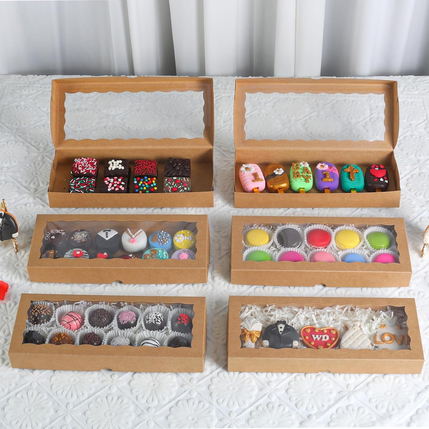Großhandel 50 Stück 12x5x1,5 Zoll braune Verpackungen für Kekse mit Fenster, Macaron-Boxen, Trüffel-Boxen, Brownie-Boxen für individuelle Logos, Hersteller von Geschenkschachteln für Weihnachten, Valentinstag, Vatertag, Muttertag.